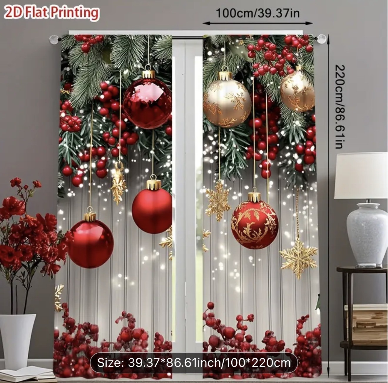 Christmas Ball Holiday Printed Curtains 2 Pieces Xmas Print Curtains Room Decor