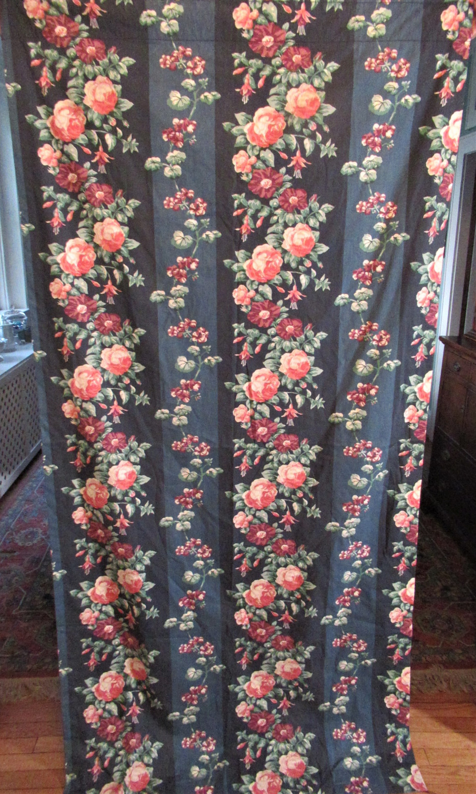 Laura Ashley Rose Floral Lined Drapery Panel Dark Green w/ Peach Mauve 41″ X86″
