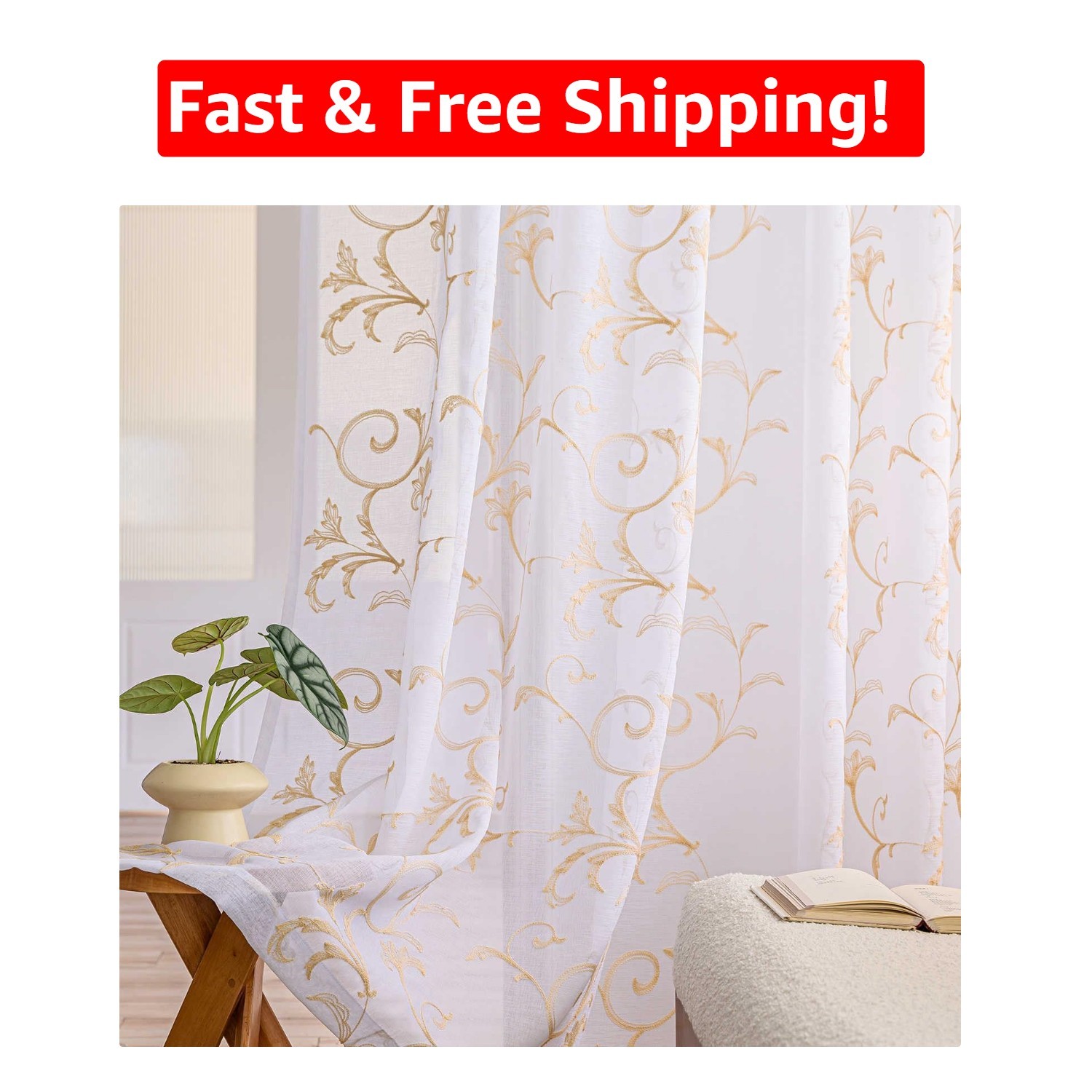 Vintage Floral Embroidery Sheer Curtains 45 Inch Length – Romantic Window Drapes
