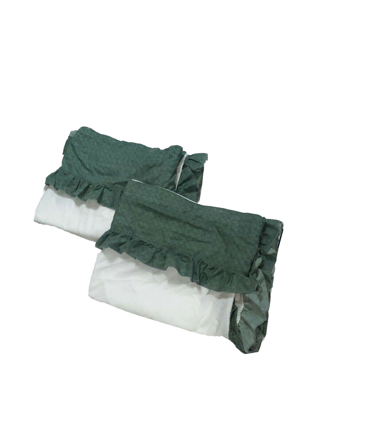 2 Vintage Curtains 60s Full Window Treatments Green White Handmade Pair Ruffles