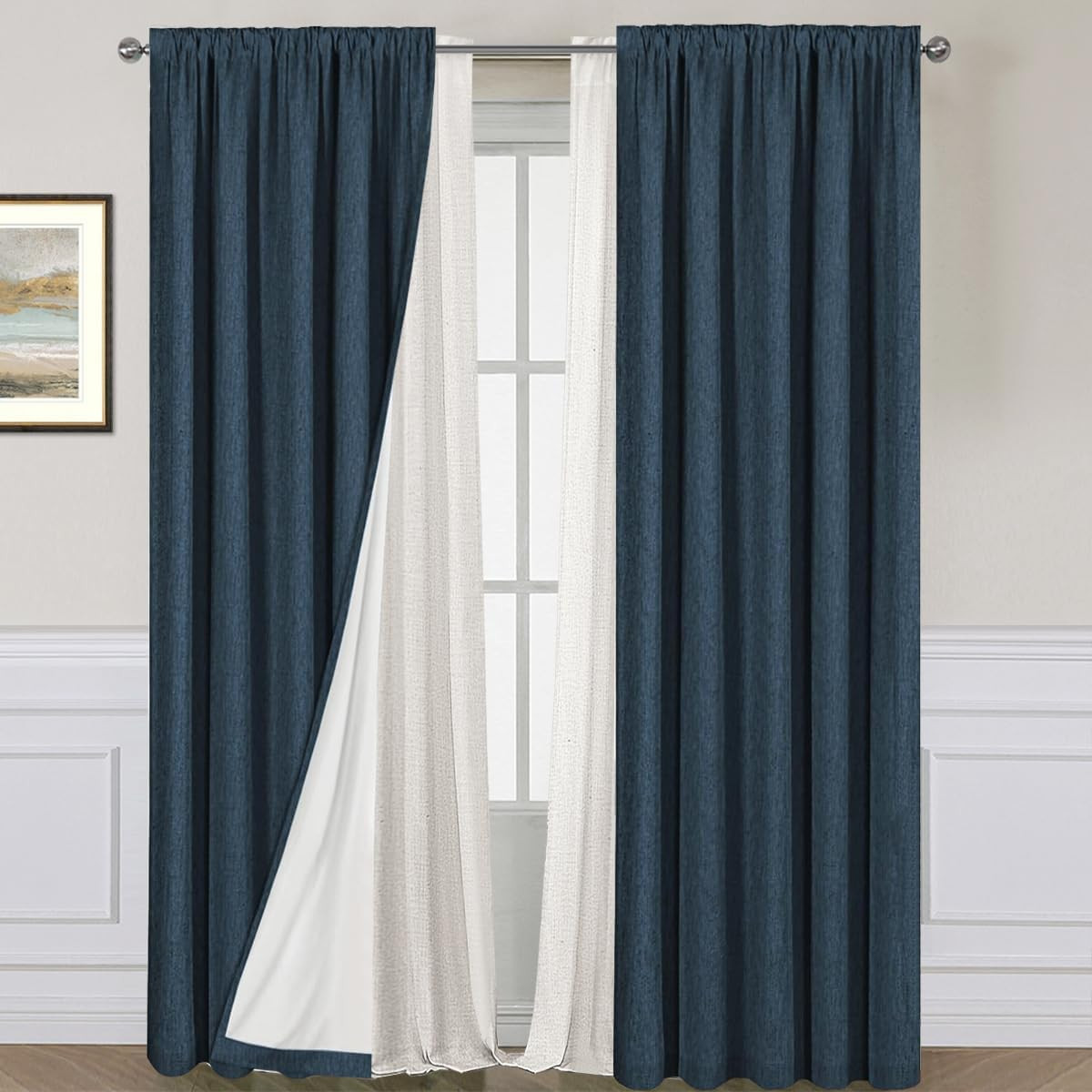 Linen Look Light Filtering Rod Pocket Curtains 84″ White & Navy Blackout Bundle