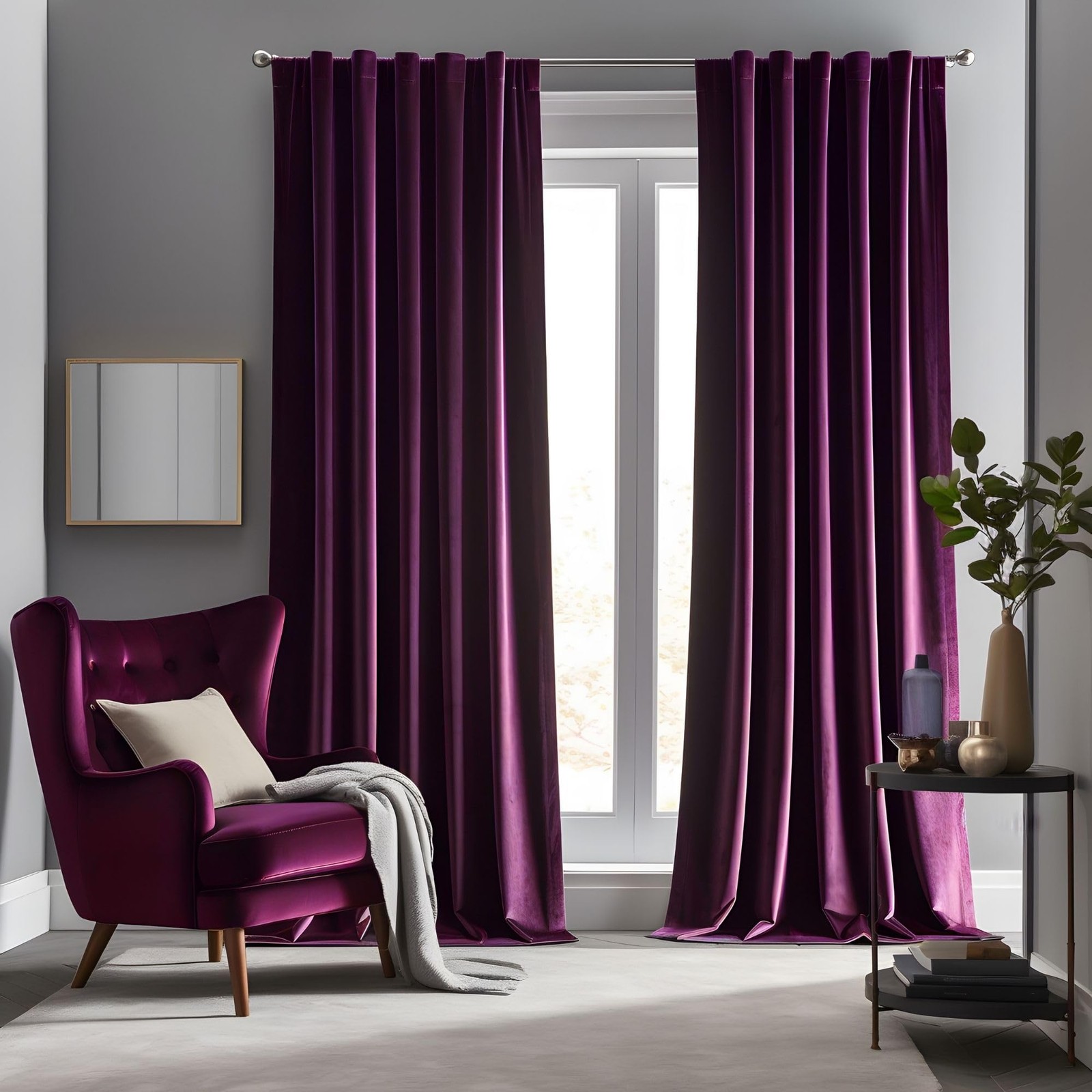 Aljctns Grape Purple Velvet Blackout Curtains 90″ Long Luxury Rod Pocket