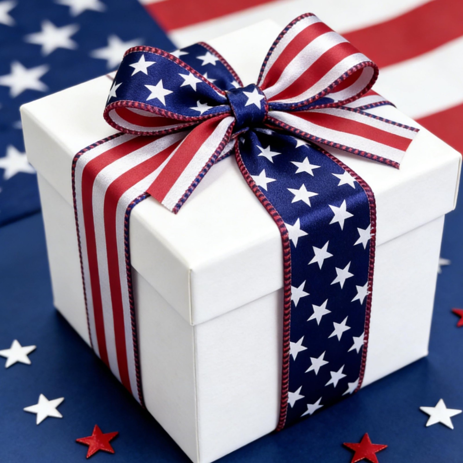 1.5 Inch Reversible American Flag Wired Satin Ribbon, 10 Yards, Navy Stars & …