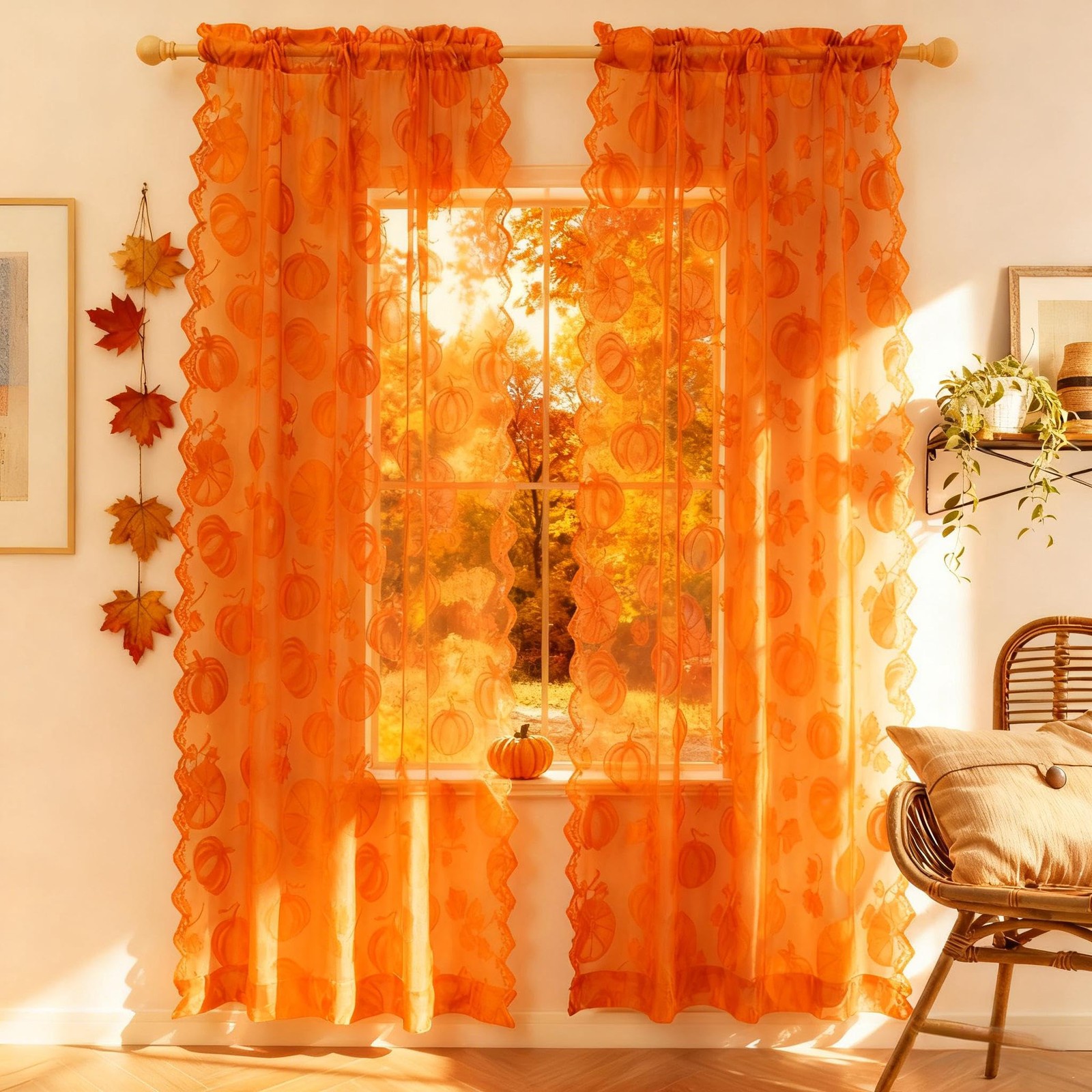 Fall Lace Curtains 72 Inches Long, Harvest Pumpkin Sheer for Living Room, Cou…