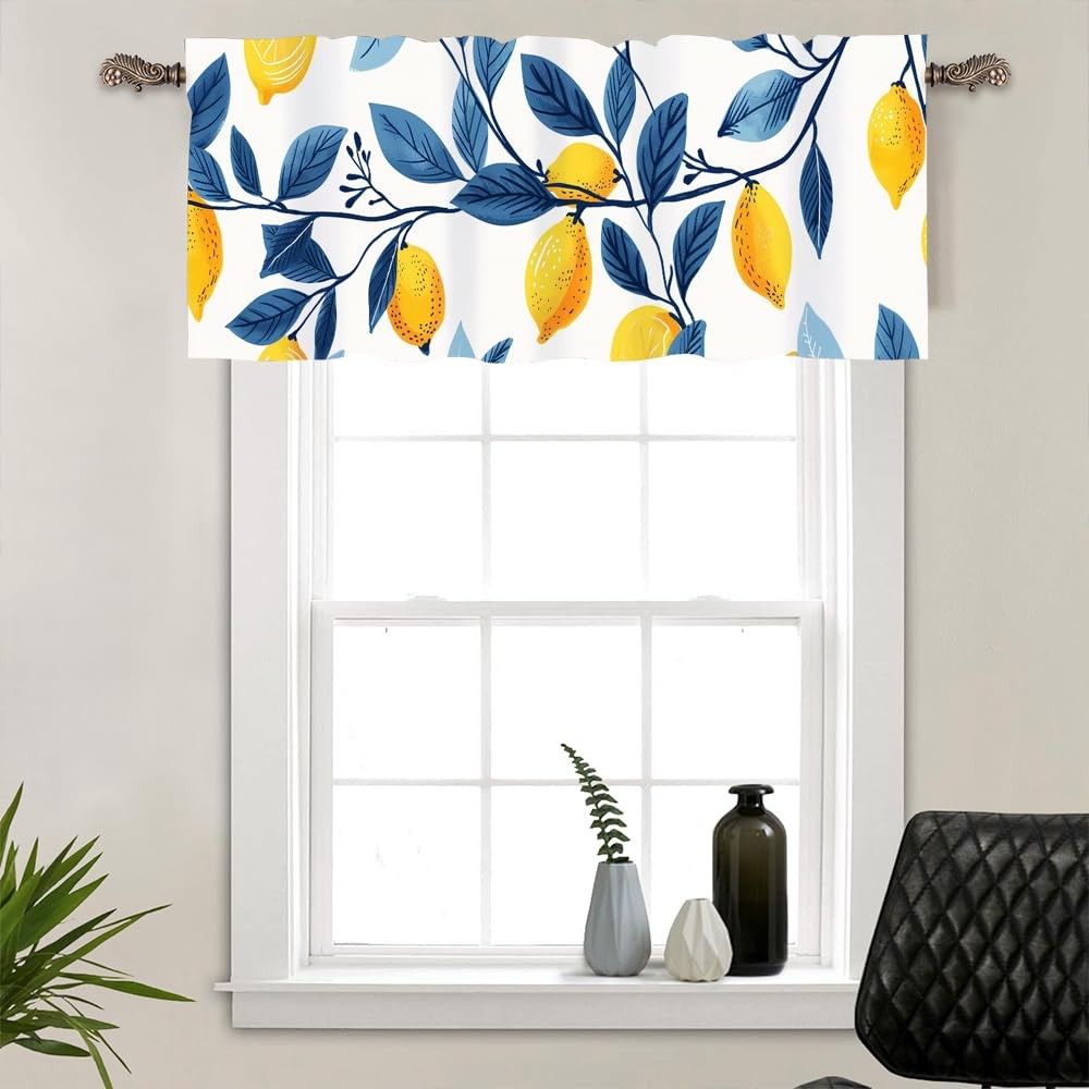 1 Panel Lemon Blue Window Valances, Yellow Fruit Nature Window Treatment Deco…