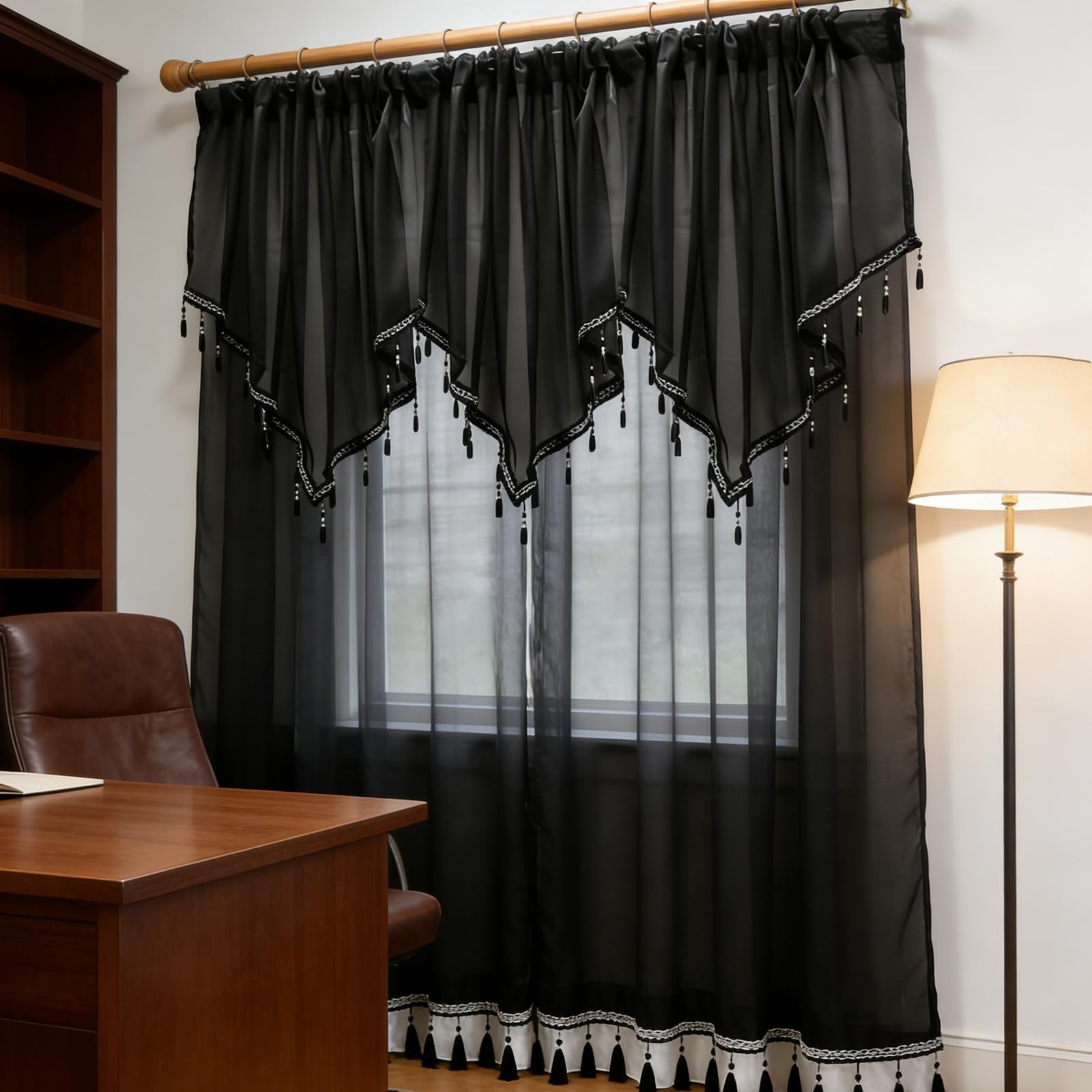 3 Pieces Black Beaded Sheer Valance with Rod Pocket Scalloped Window Curtains…