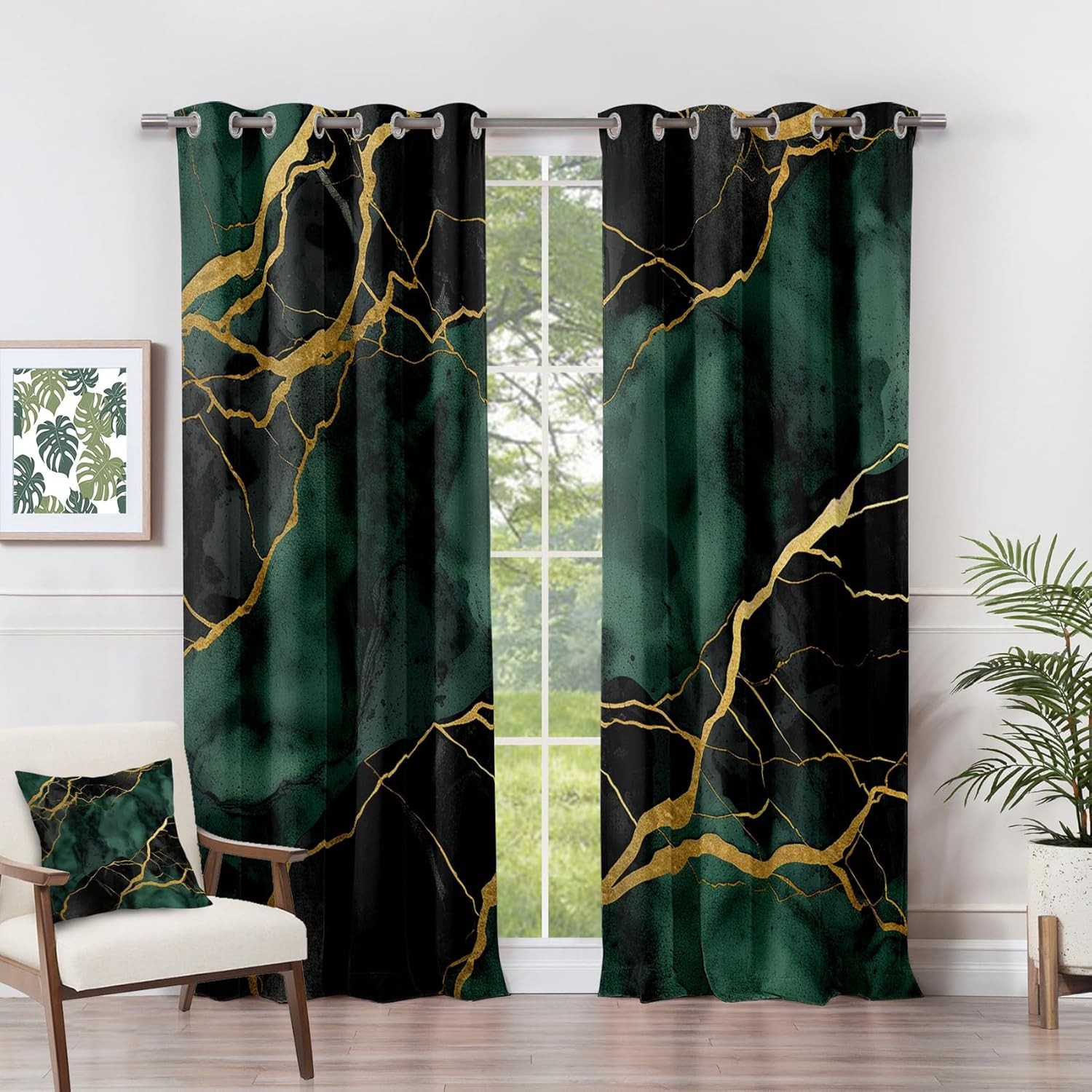 Marble Black out Curtains 84 Inch Length – Emerald Green Gold Black Abstract