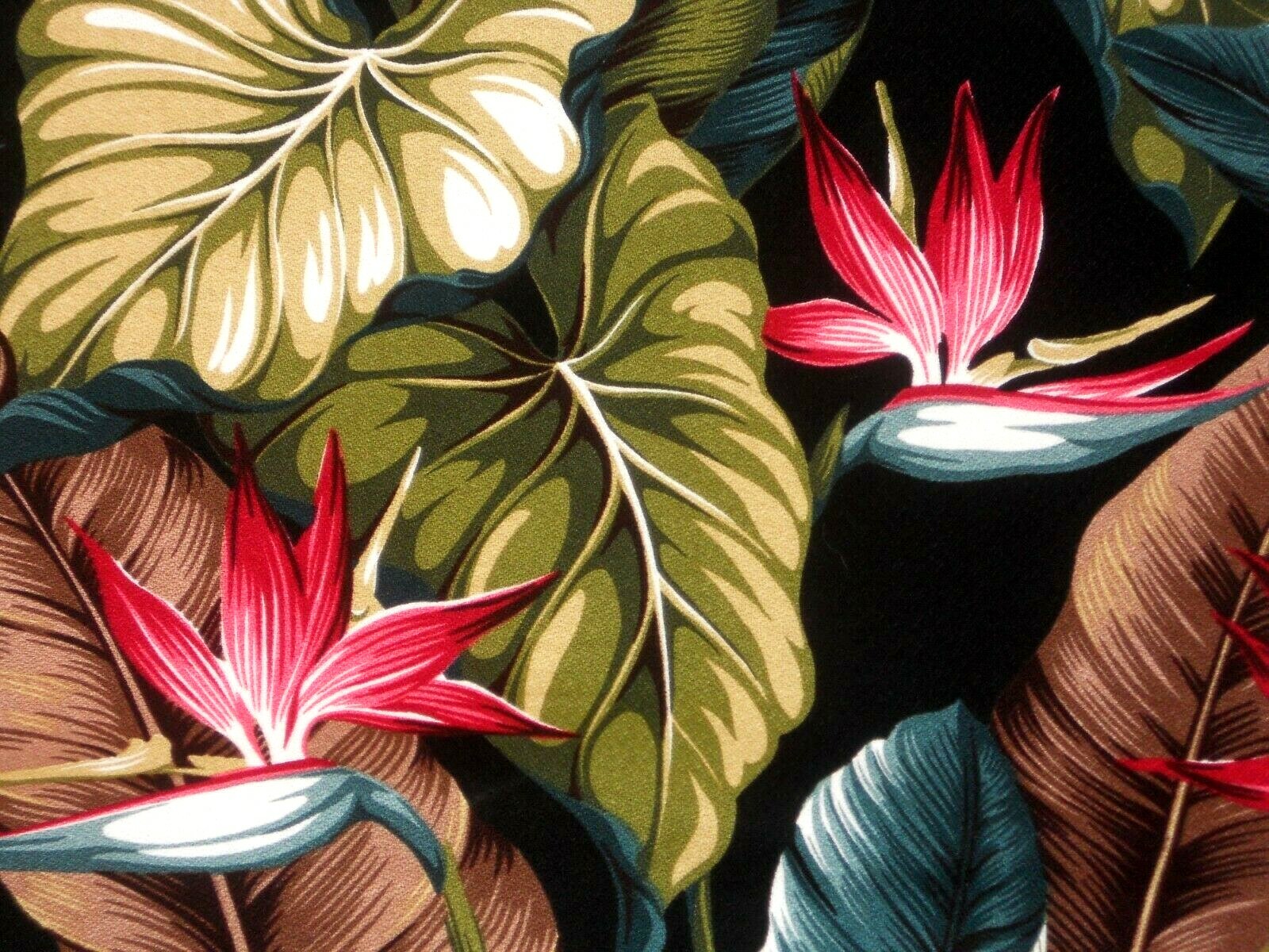 PAIR 82×52 Tropical Hawaiian Cotton Barkcloth Fabric Drapes ~Bird Paradise-Black