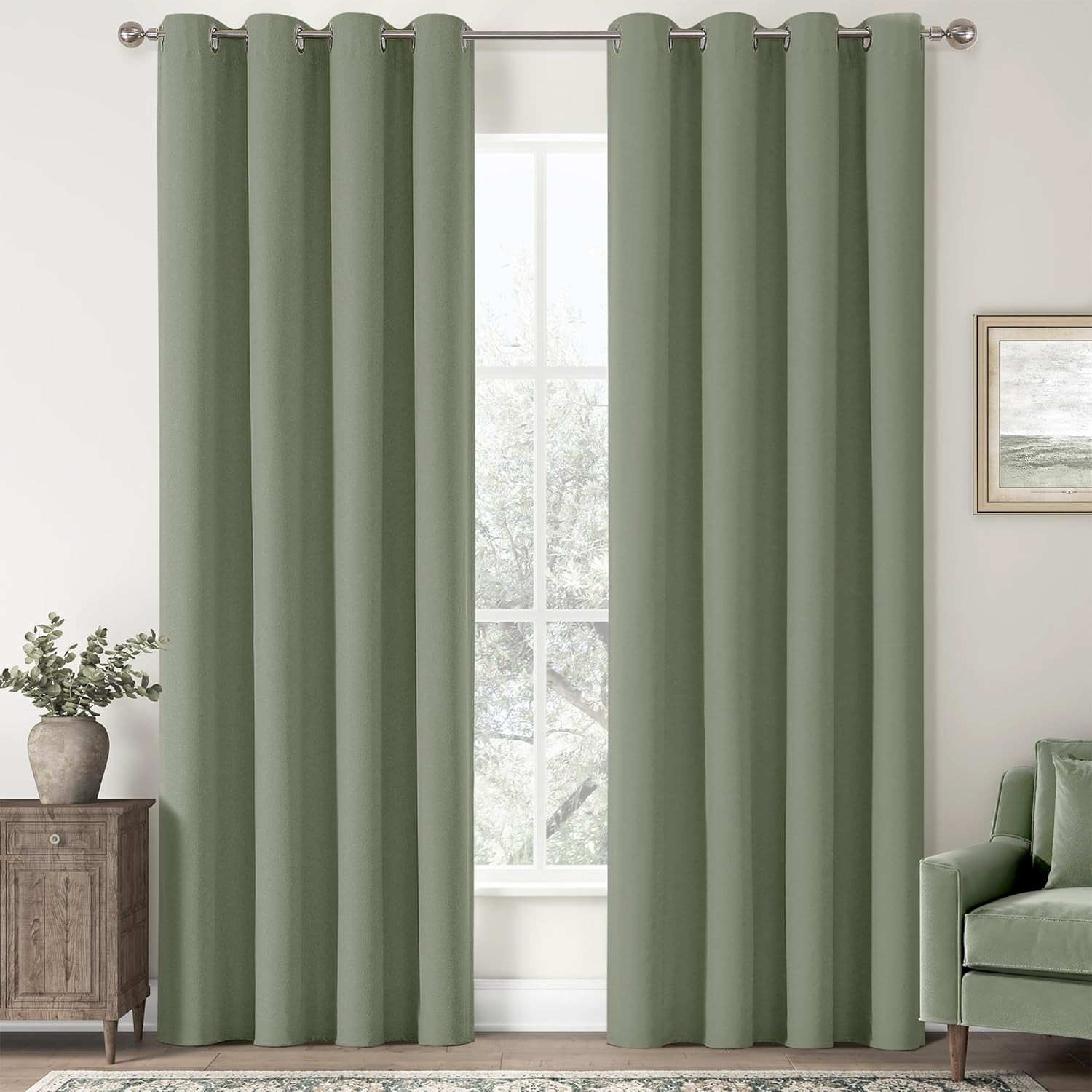 Sage Green 100% Blackout Linen Curtains, 2 Panels, 52×108 Inch, Thermal Insulate