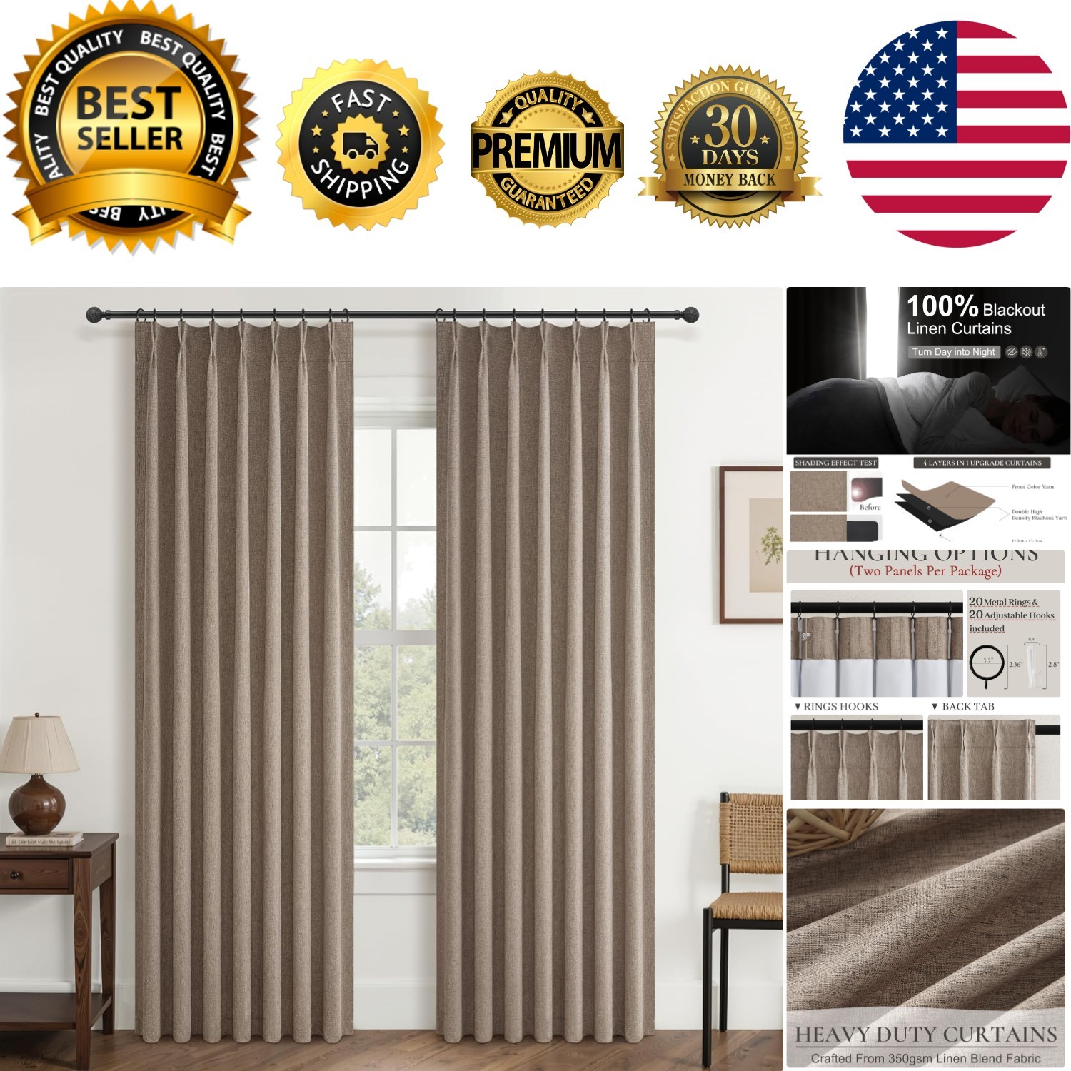Stylish Dark Flax Pinch Pleated Blackout Drapes 60″W x 96″L for Bedroom & Dining