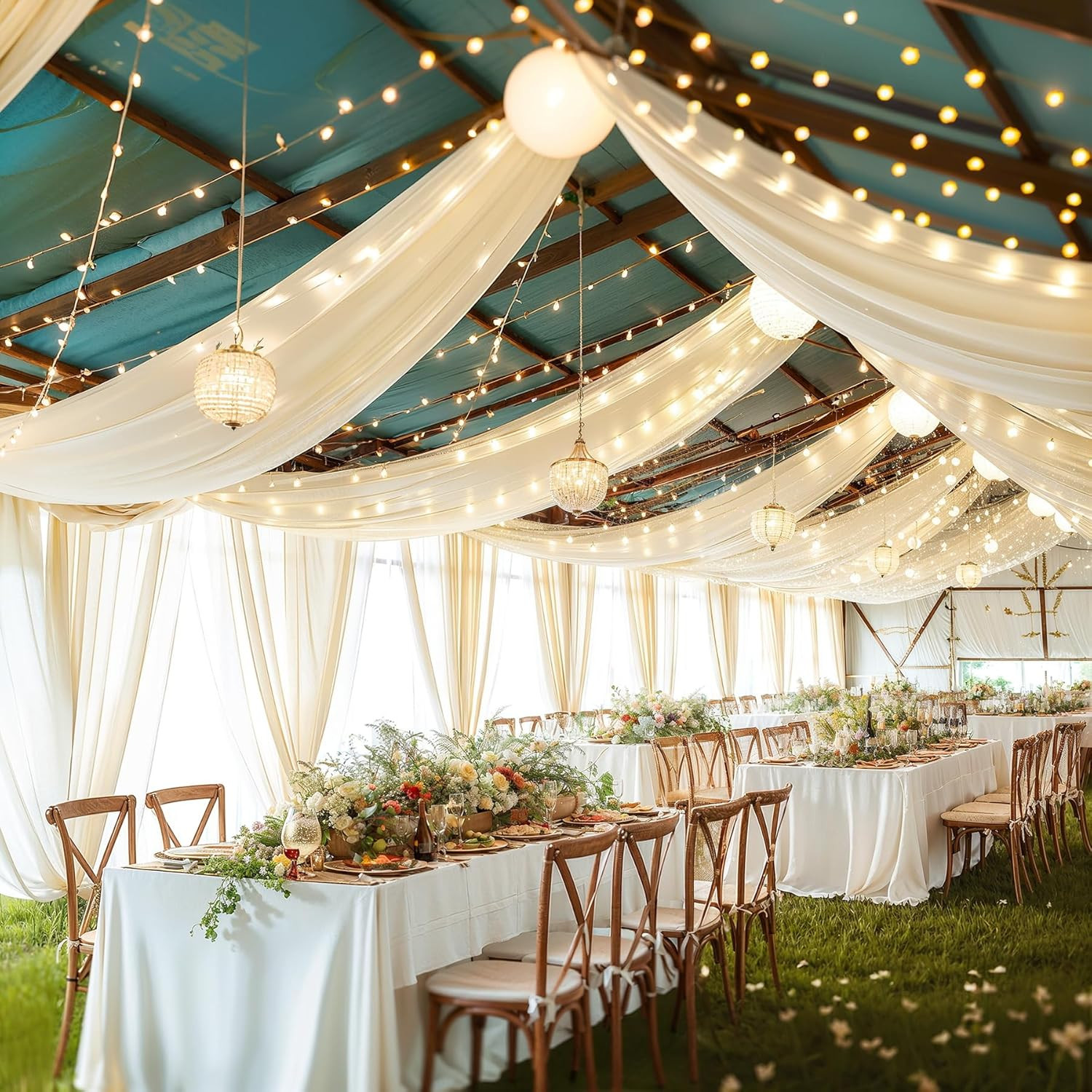 Ivory Sheer Tulle Ceiling Drapes with Lights for Weddings & Parties 5x10ft