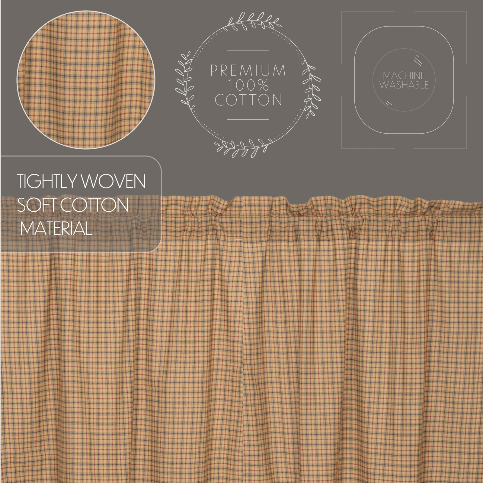63″L Lodge-Style Lined Curtains Red Navy Tan Plaid Cotton w/ Tie Backs Millsboro