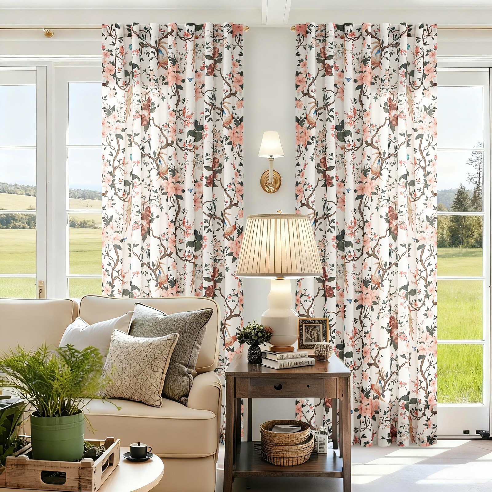 2 Panel 90″L Beige White Floral Linen Curtain Semi Sheer Light Filtering SEELUCK