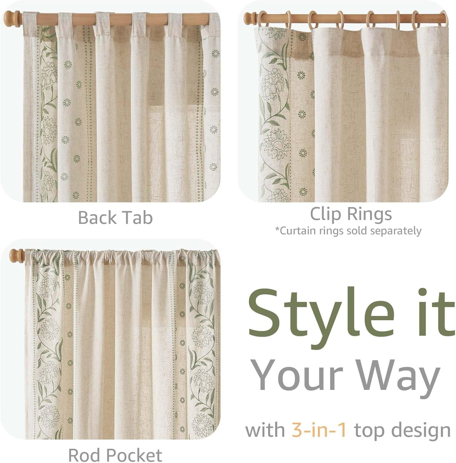 Winslow Linen Floral Curtains 90 Inch Sage Beige 2 Panels Window Drapes