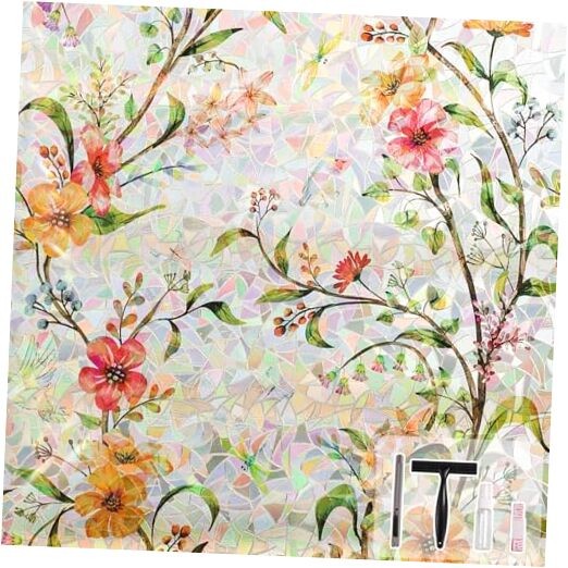 Privacy Window Film, Stained Glass Window Film, Floral Rainbow Stickers