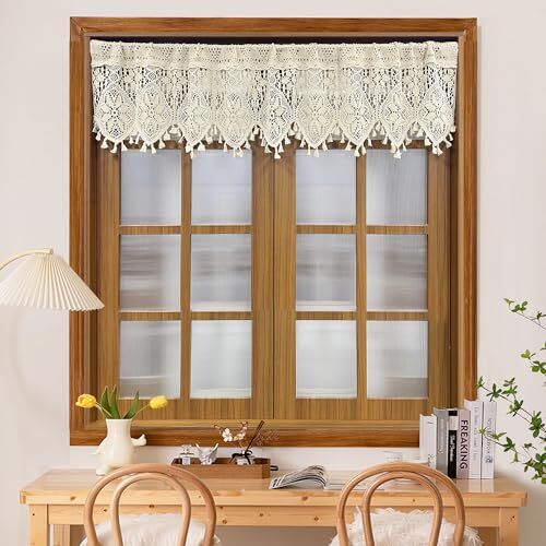 Rustic Crochet Curtains Valance for Kitchen Cotton W35 L15 Inch Beige Sheer