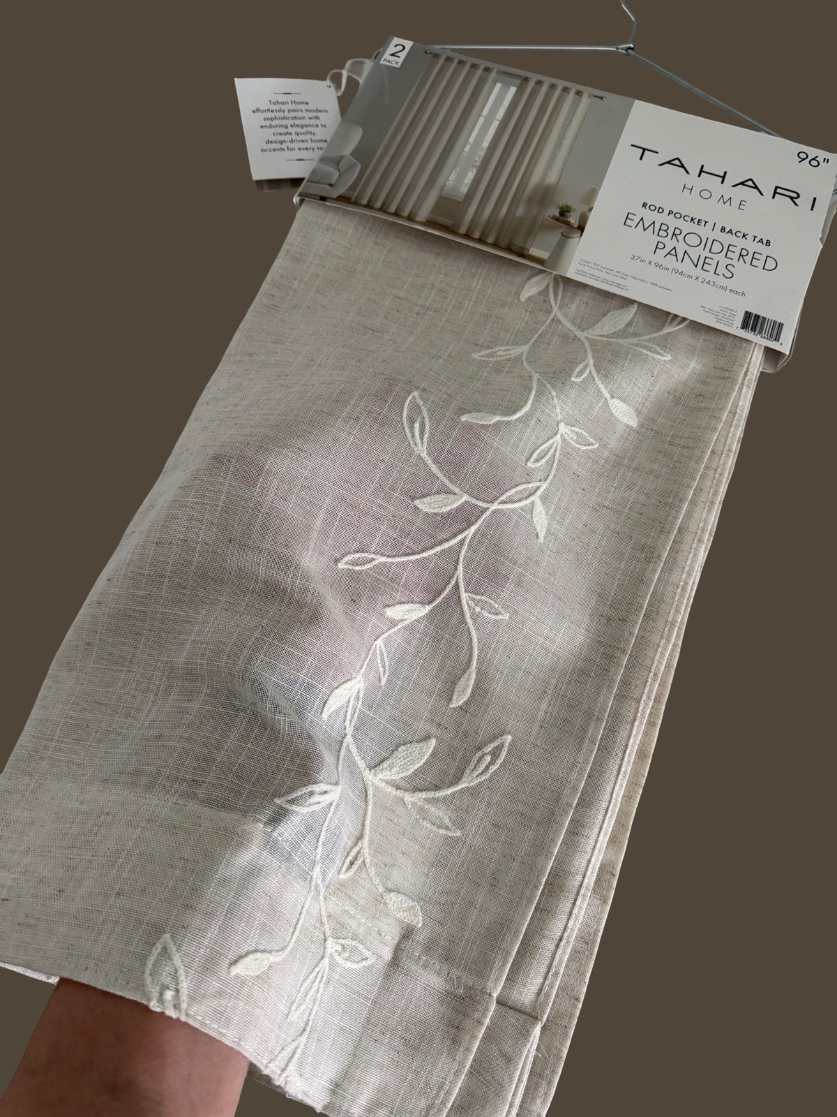 New TAHARI Window Curtains 2 Panels Beige 37 x 96 Linen Embroidered Back Tab