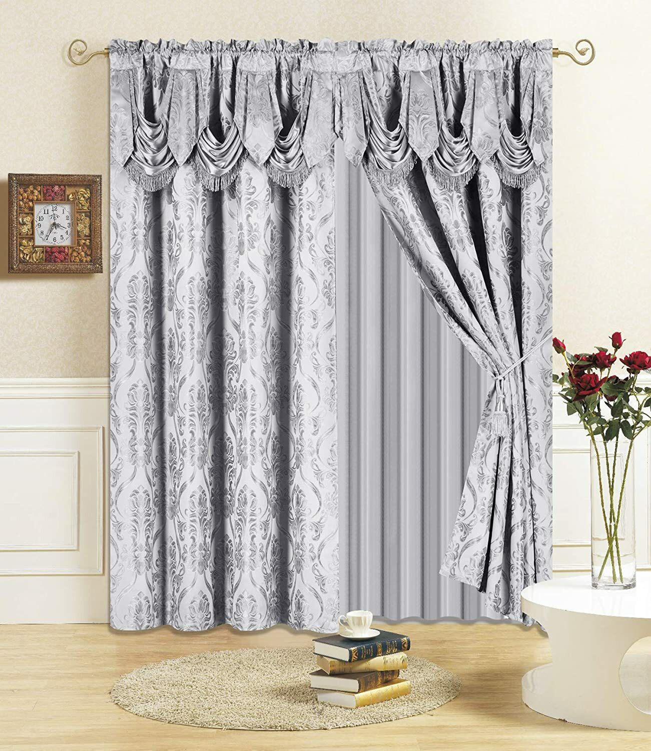 Set 2 Silver Gray Fringe Damask Curtains Panels Drapes Pair Valance 63 84 96 in