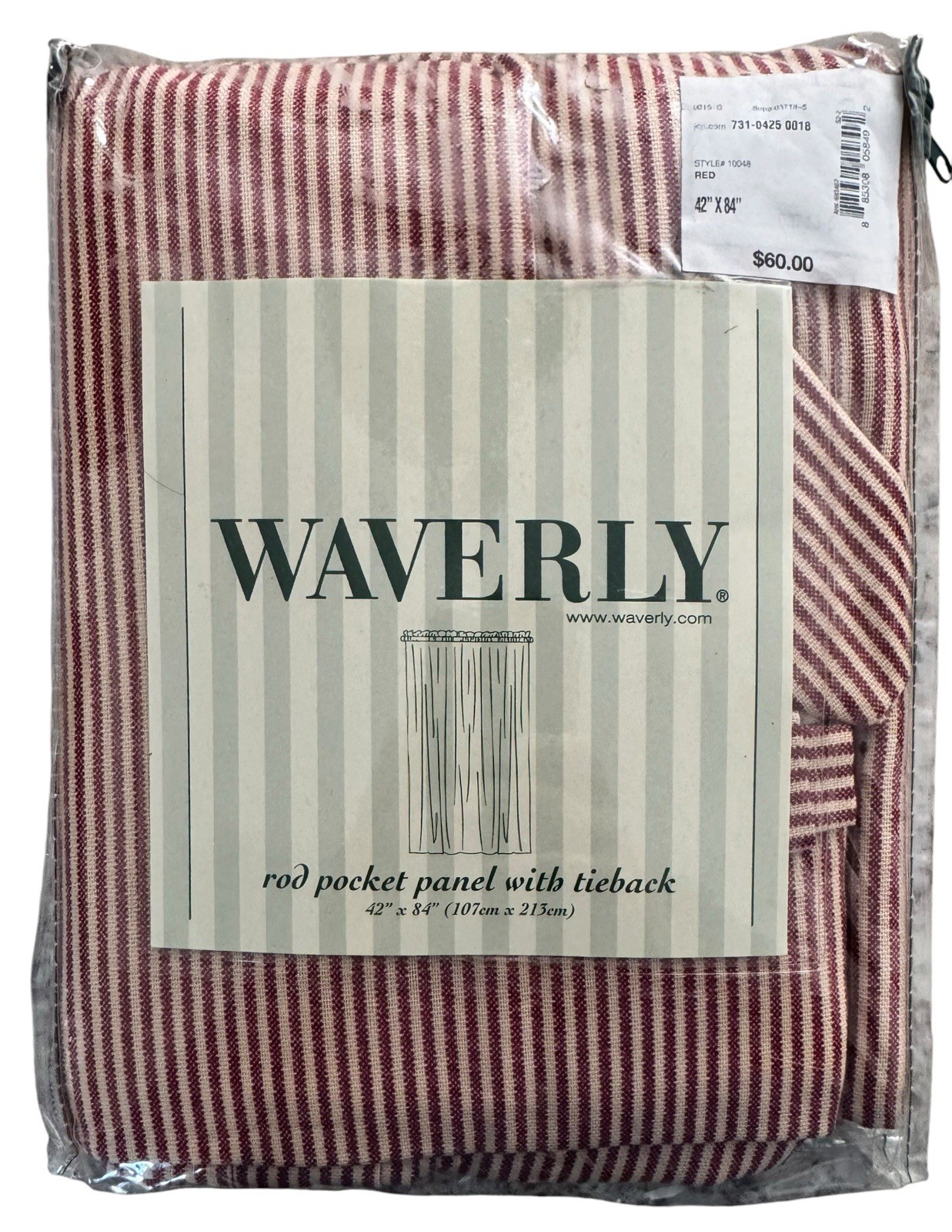 Waverly Rod Pocket Drapery Panel Ivy League Red Stripe Panel Tieback 84”L NIP