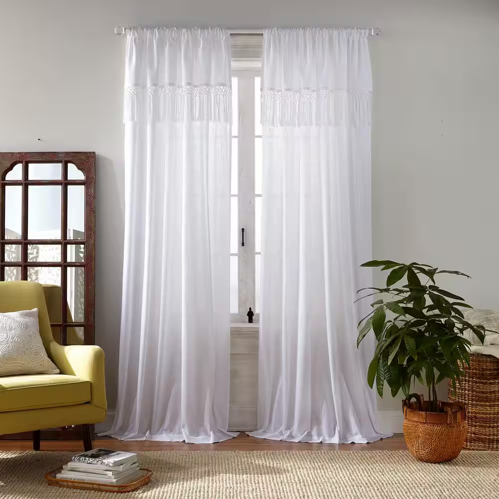 Calypso White Solid Cotton 52 In. W X 84 In. L Semi Sheer Single Panel Rod Pocke