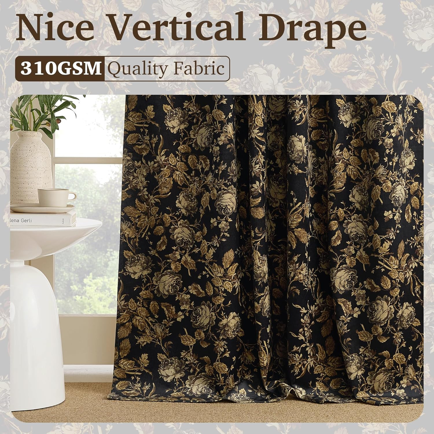 Blackout Velvet Curtains with Gold Rose Pattern, 2 Panels, W52 X L108