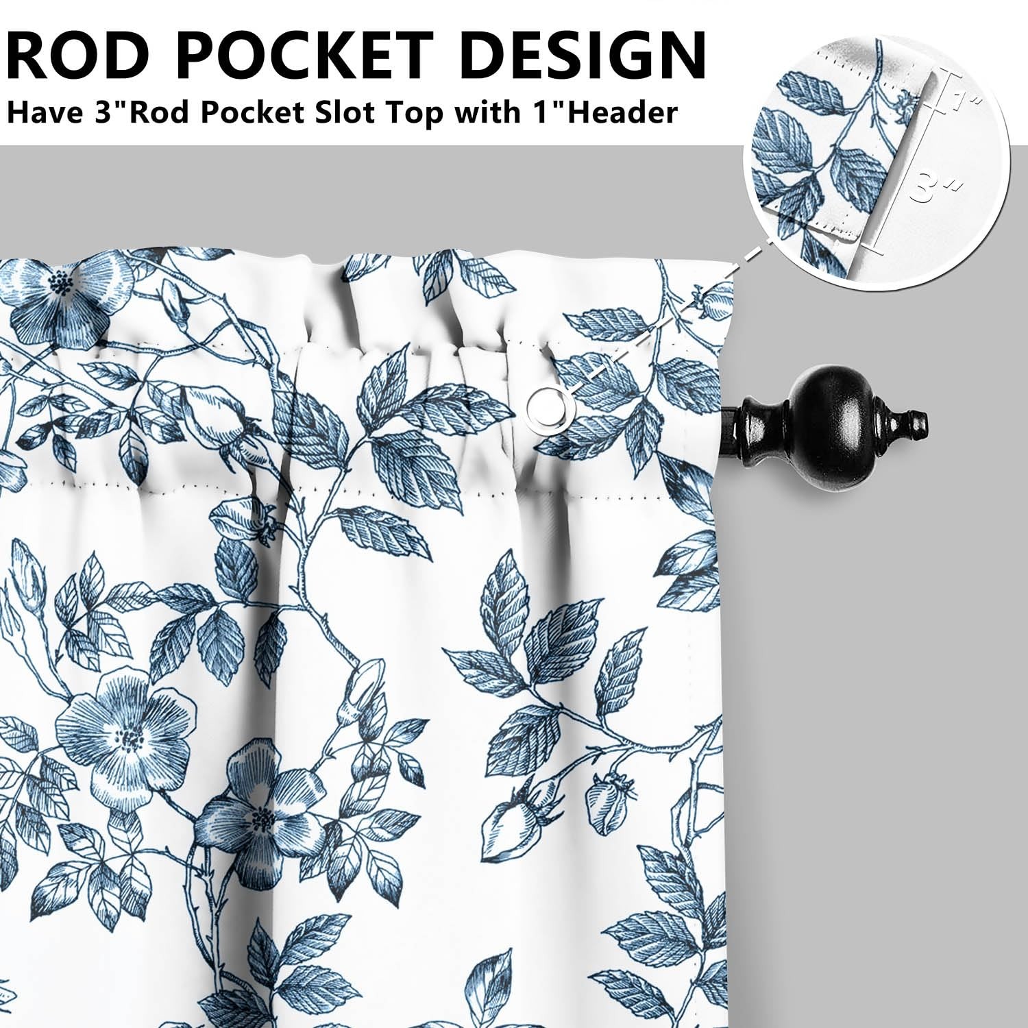 Blue Floral French Farmhouse Kitchen Curtains 36 Inch Length，Durable Leaves C…