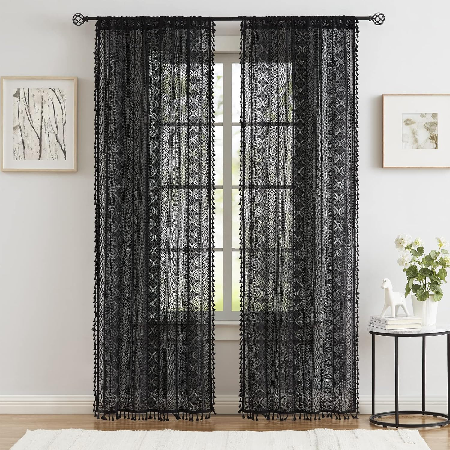 Black Boho Sheer Lace Curtains Textured Tassel Geometry Crochet Curtain Panels B