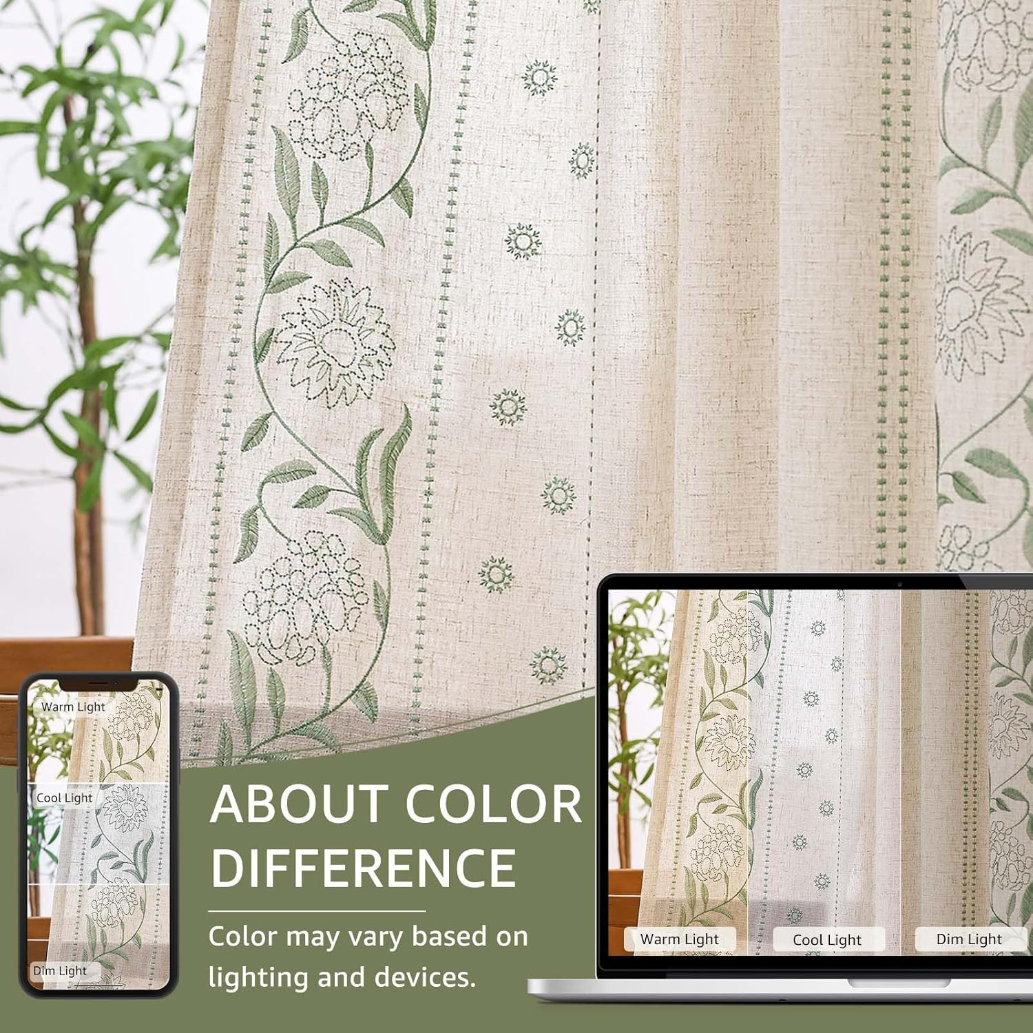 Winslow Linen Floral Curtains 90 Inch Sage Beige 2 Panels Window Drapes