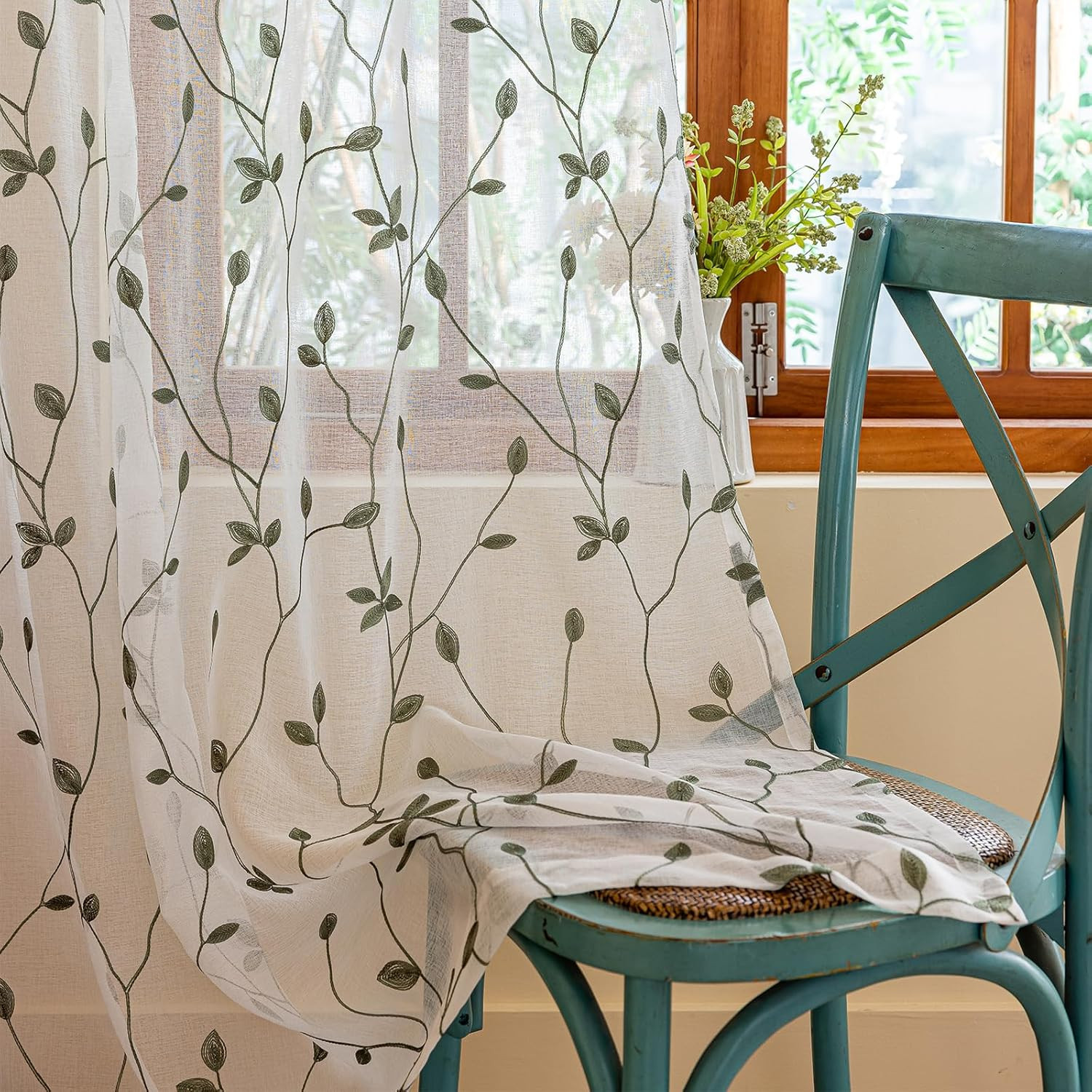 2 Panels Embroidered Leaf Pattern Semi Sheer Curtains Foliage Floral Voile Windo
