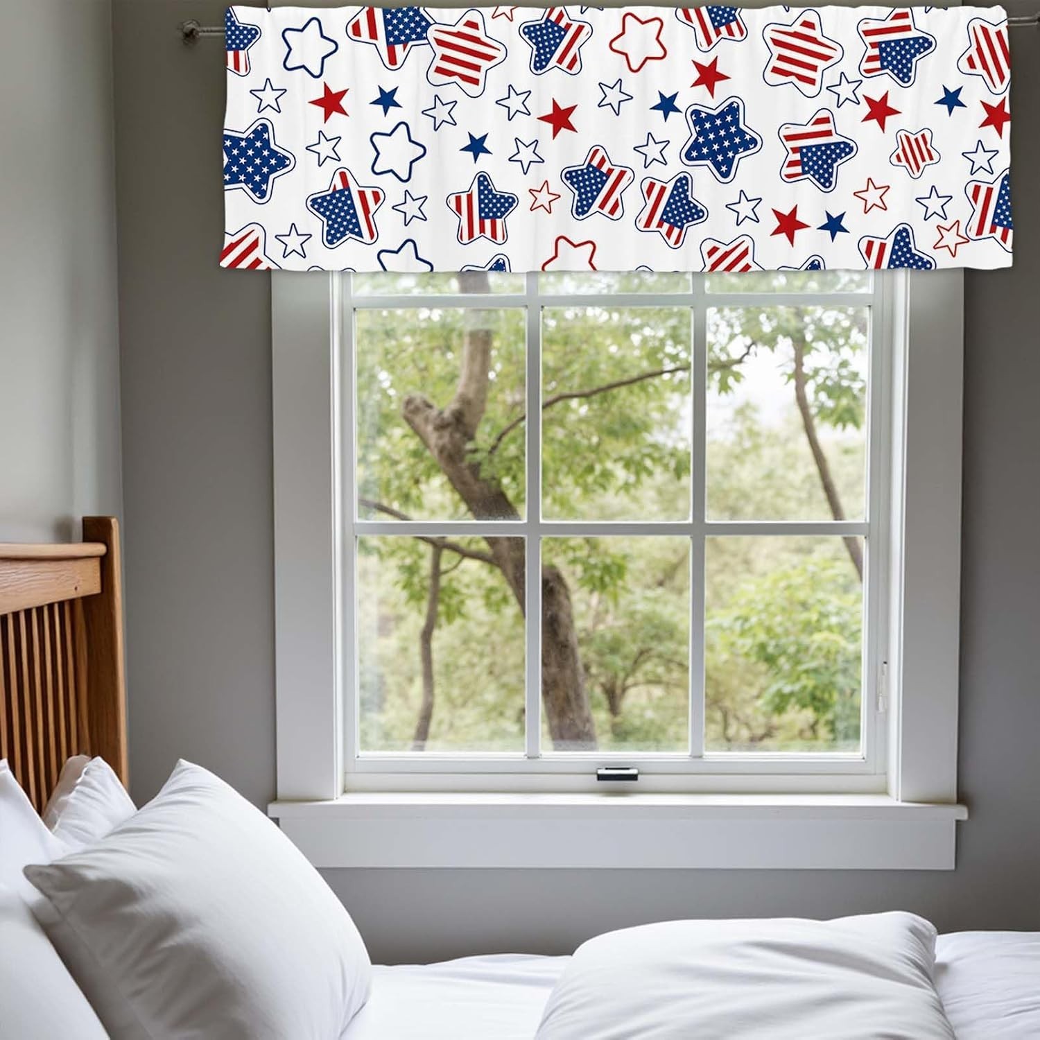 Easy Install 54×18 Red Blue Star Kitchen and Bedroom Curtains – Machine Washable