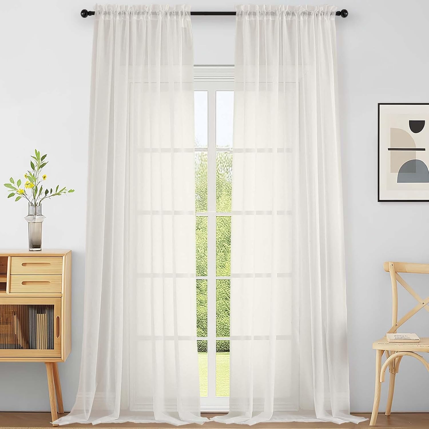 Extra Wide Sheer Ivory Curtains 144 Inches Long 2 Panels, Extra Long Light
