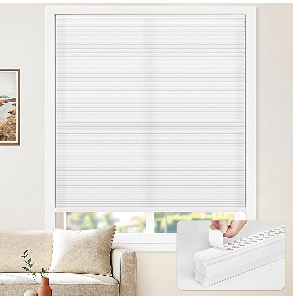 44*72, Cordless Cellular Blinds No Drill Light Filtering Honeycomb Shades