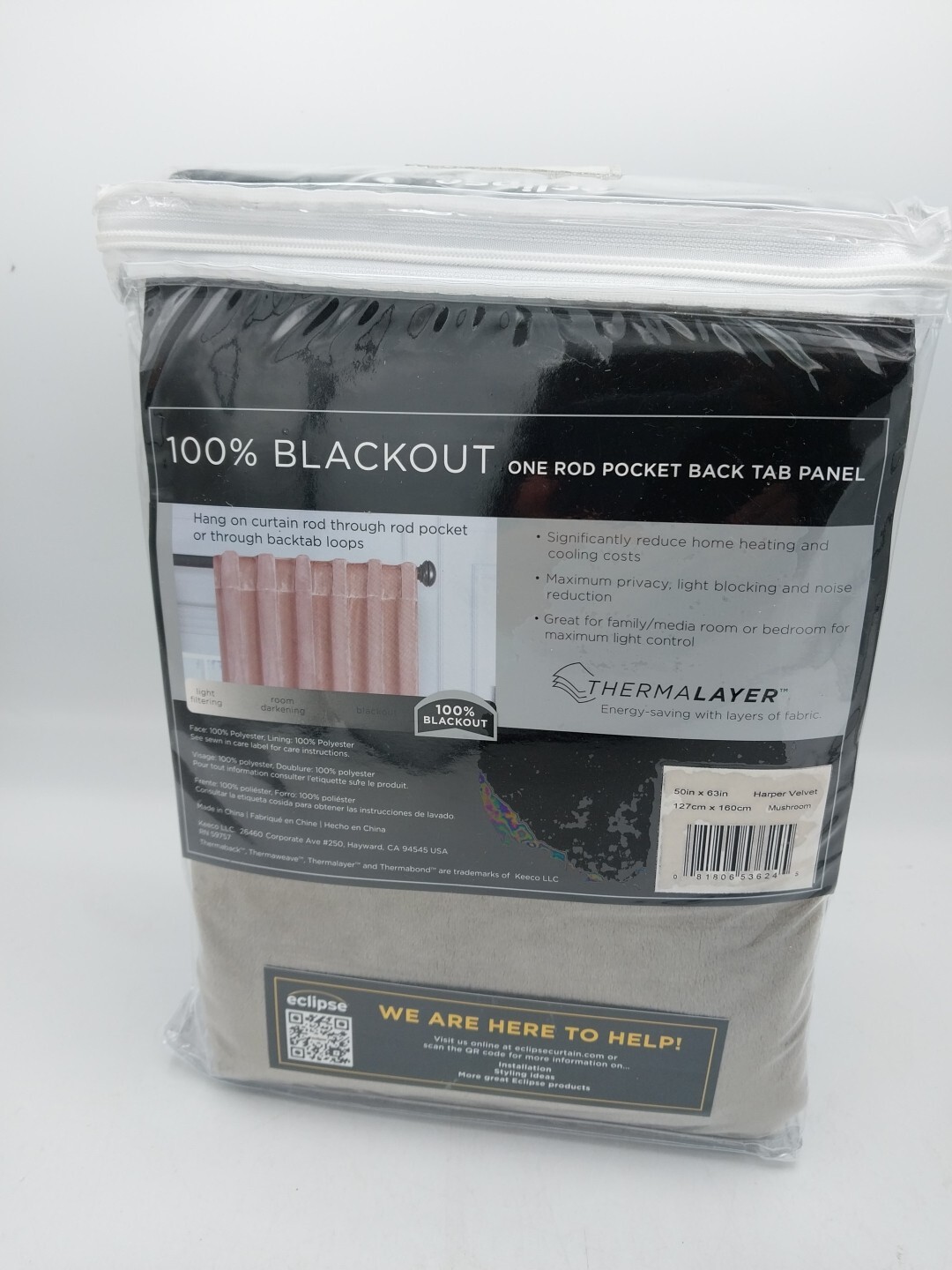 Eclipse Harper Vevet Blackout Mushroom Curtain Rod Pocket 50 in. W X 63 in. L