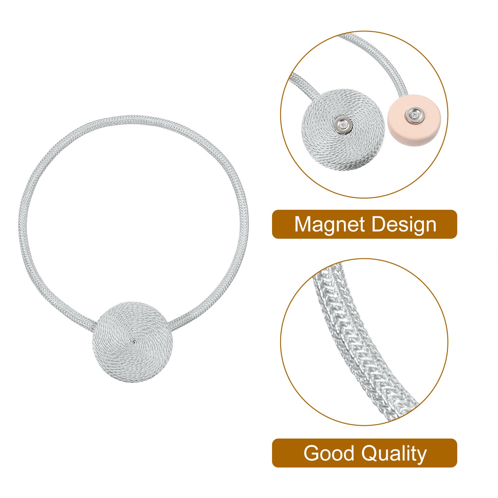 2 Pack Curtain Tieback Polyester Hand Woven Rope Magnetic Design Gray