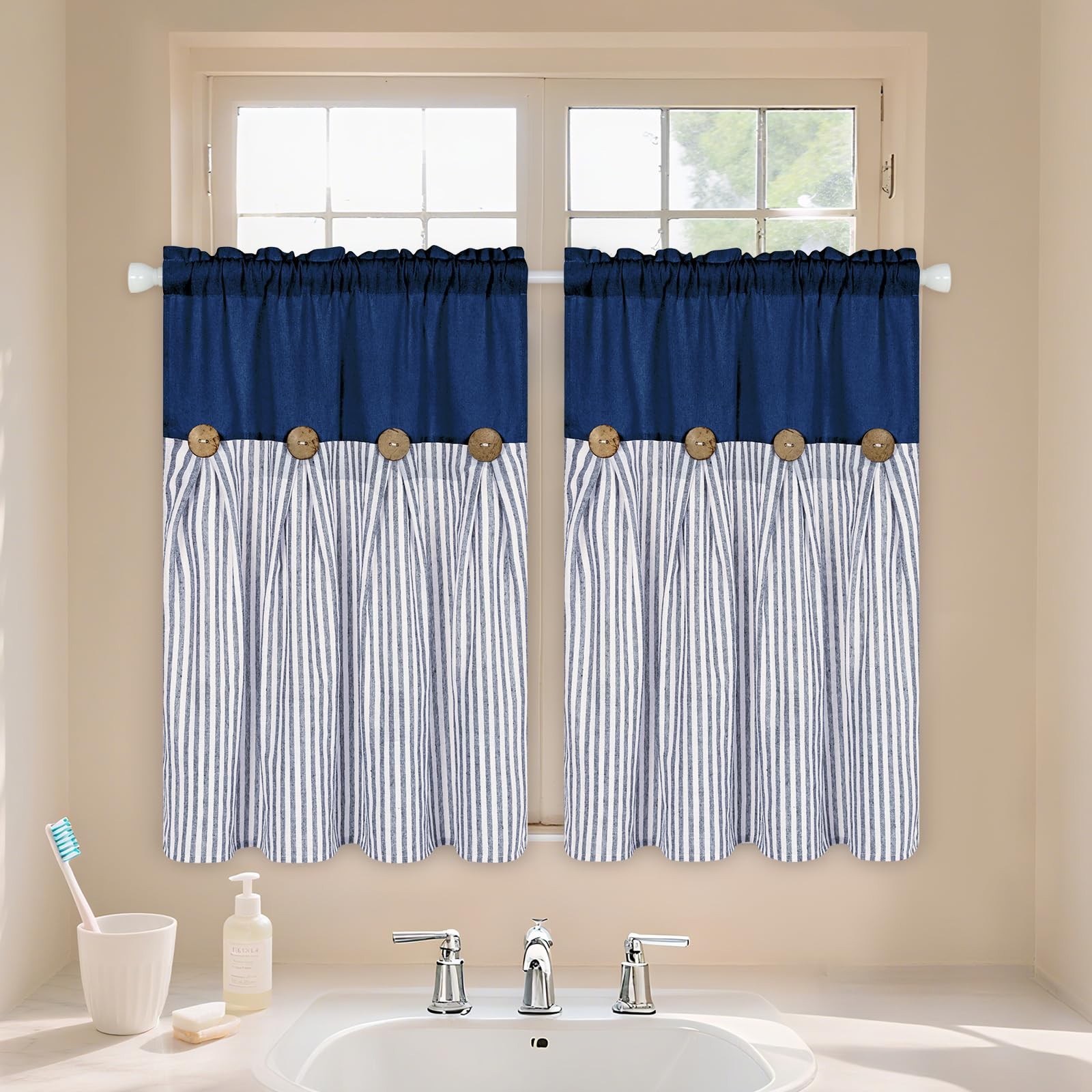 ASPMIZ Cotton Linen Farmhouse Kitchen Curtains, Blue Striped Tier Curtain 36 …