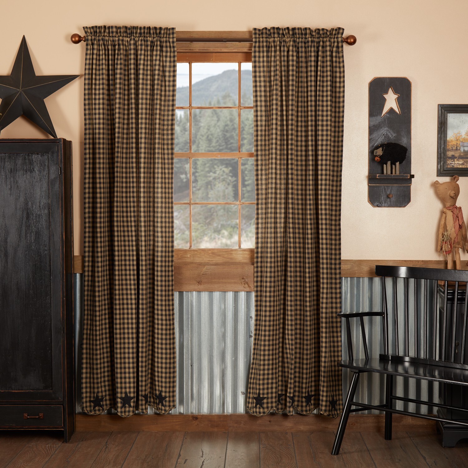 Black Star Scalloped Panel Set Country Farmhouse Check Lined 84″ VHC Khaki