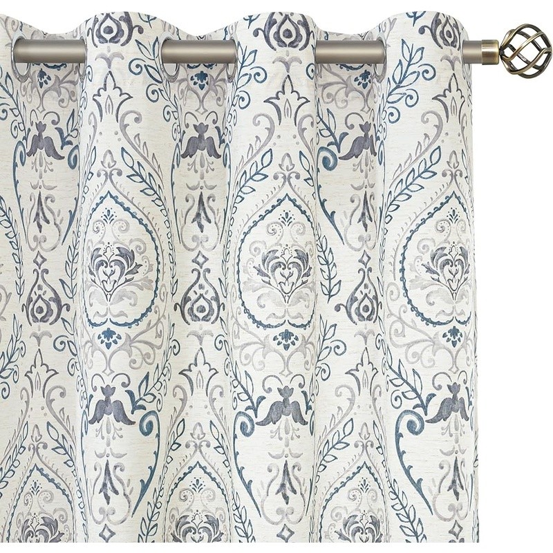 Linen Curtains Set of 2 Light Filtering Grommet Panels Floral Print Design New