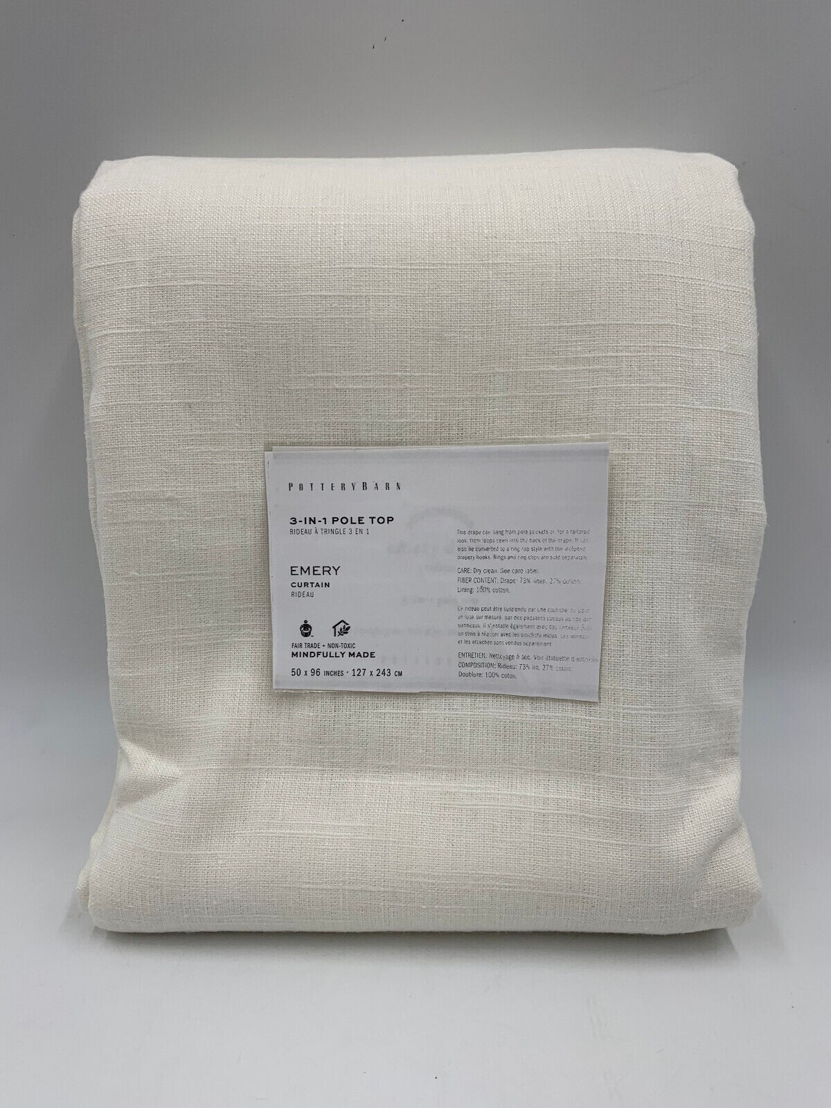 Pottery Barn Emery Linen Cotton Lined Curtain Drape Panel White 50×96 #Q86