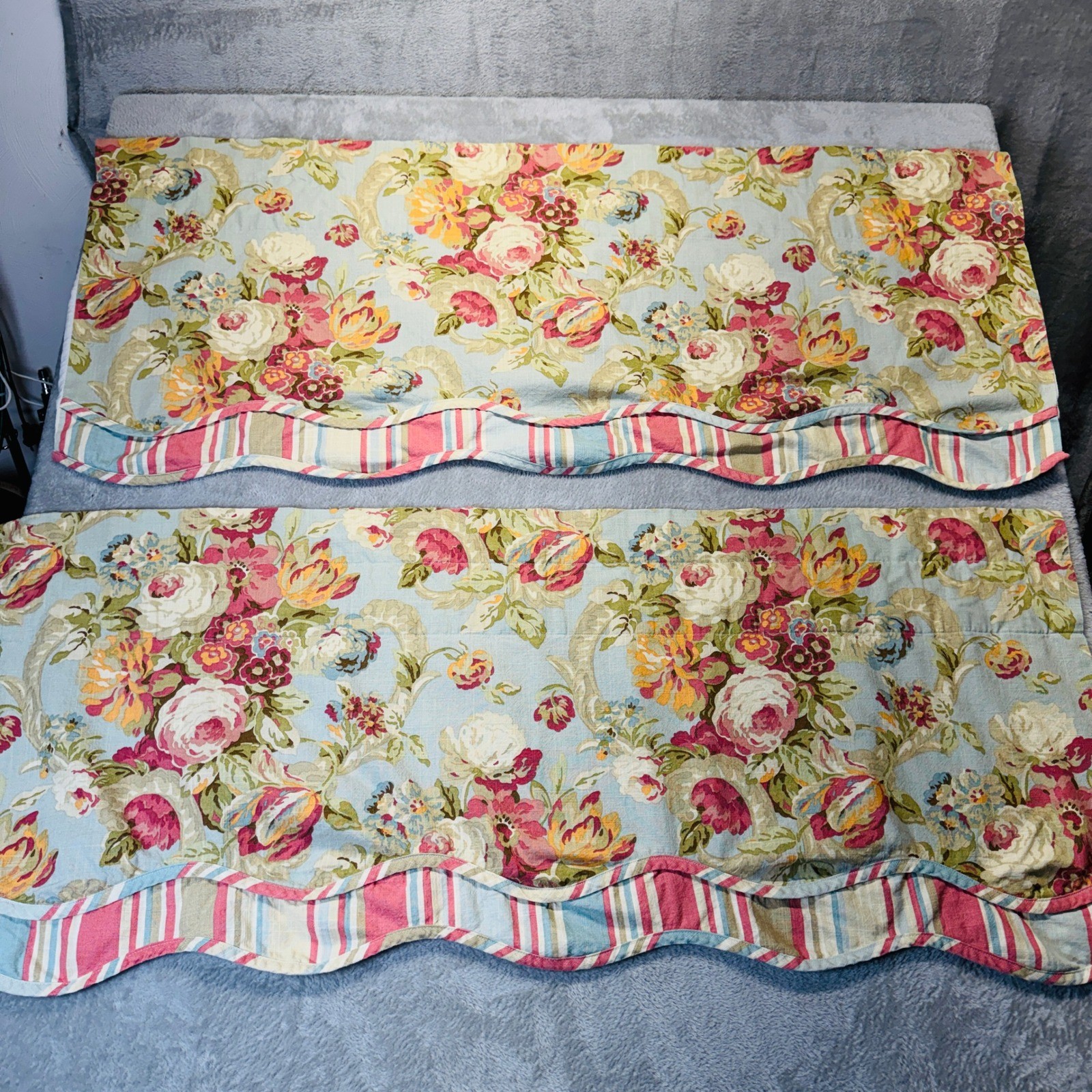 Waverly Floral Scalloped Window Valance Pair Cottagecore Rose Stripe Trim 47×20