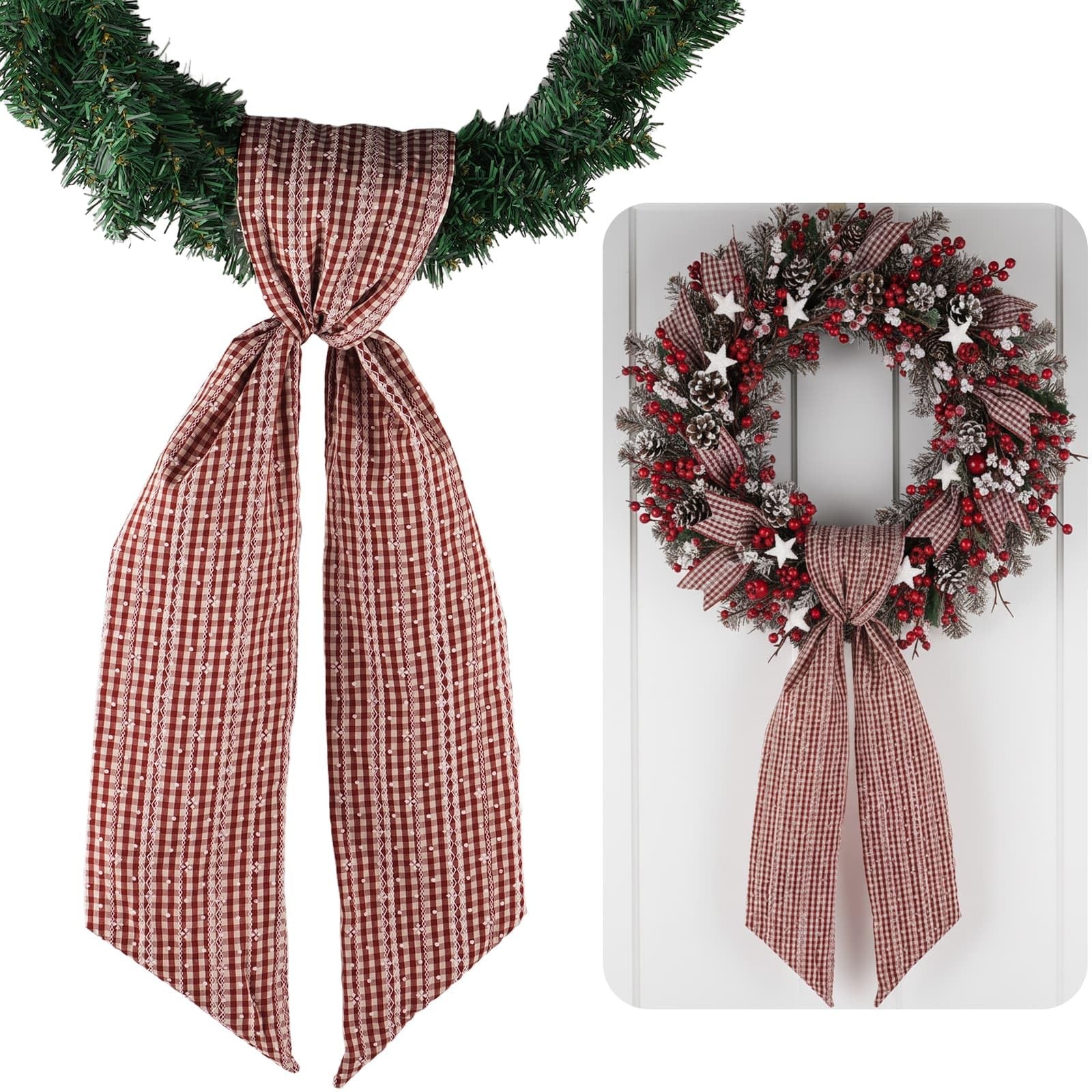 Red Beige Jacquard Plaid Wreath Sash Front Door Decoration, 5.12″ x 54.33″ Bl…