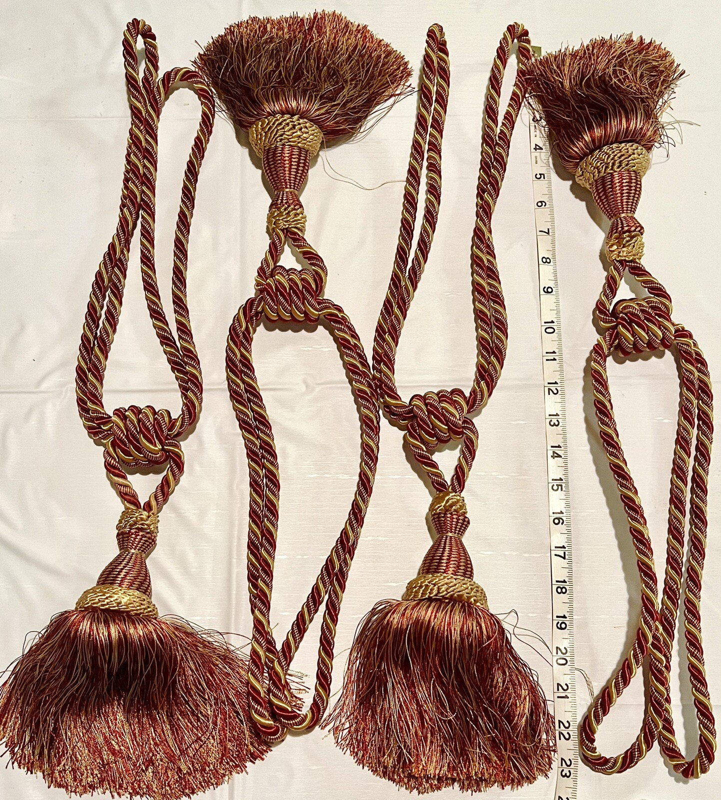 4 Burgundy & Gold Tie Back Tassels 28” Around 11” Drop
