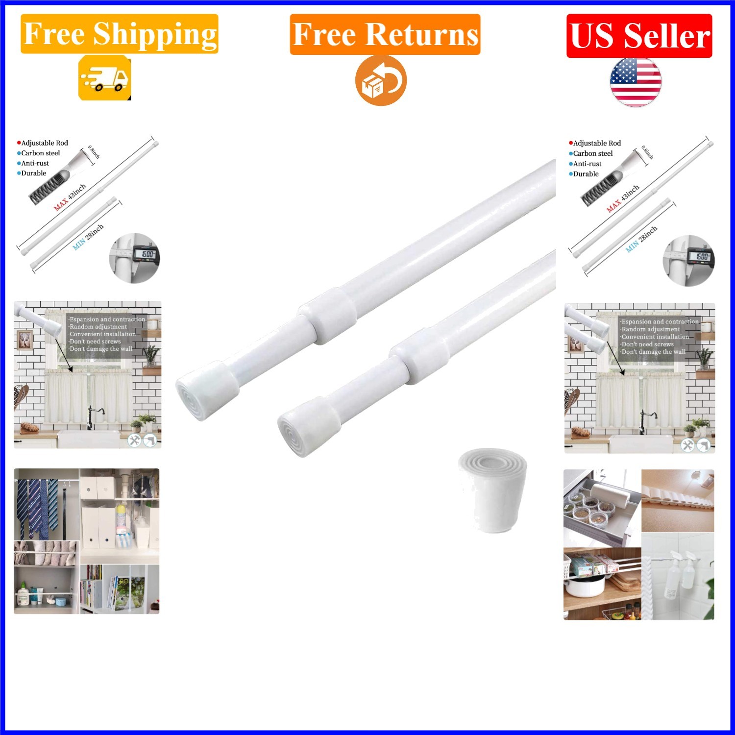 2 Pack White Adjustable Spring Tension Curtain Rods 28-43 Inches