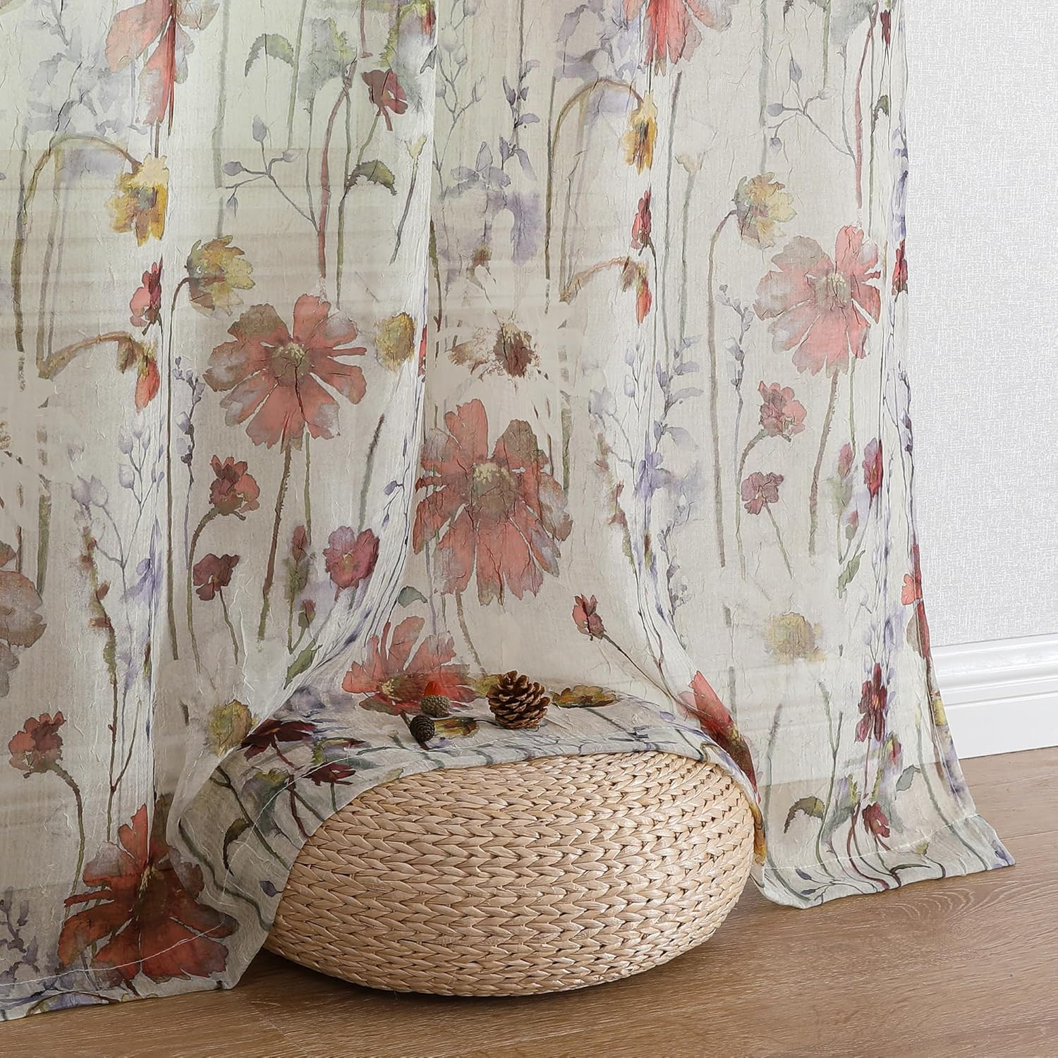 Crushed Semi Sheer Curtains 72 Inches Length 2 Panels, Floral Pattern