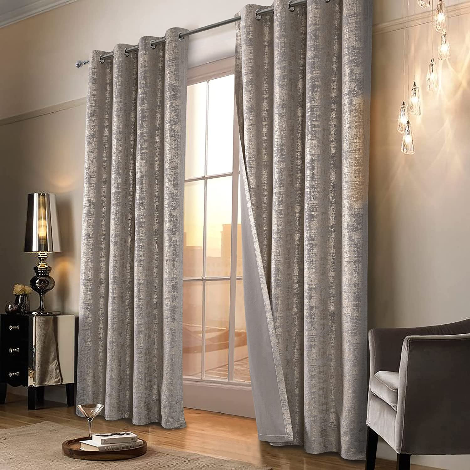 Luxury Champagne Velvet Curtains 95″ with Gold Foil Print – Set of 2