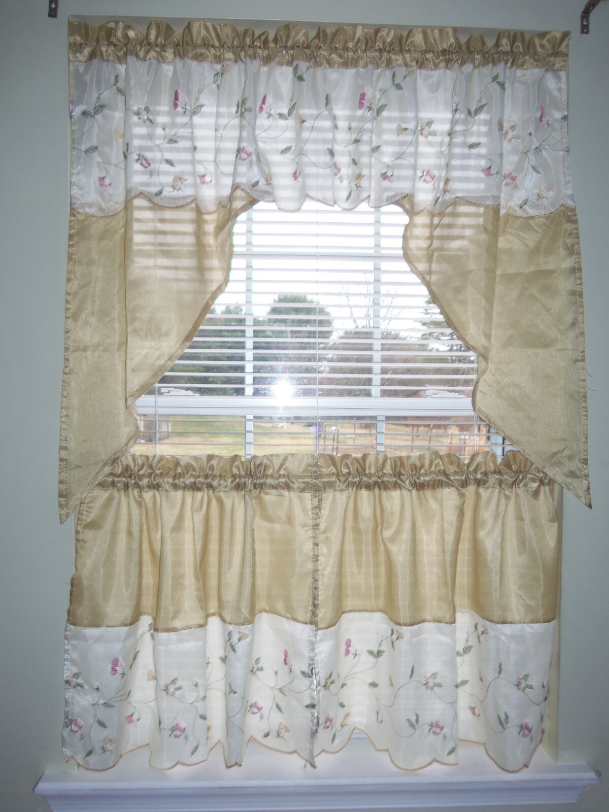 Embroidered Ivory and Gold Curtain Tiers and One-piece Swag Set BH&G