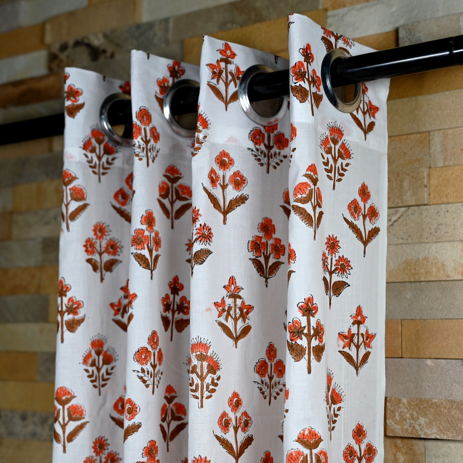 Flower block Print Curtain Panels Set of 2 Indian Cotton window Curtains