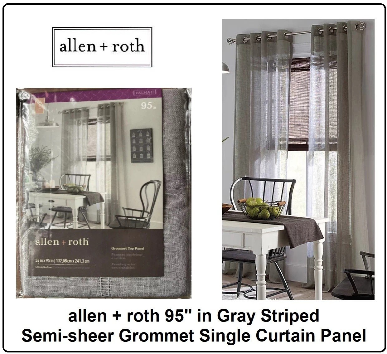 allen + roth 95″ in Gray Striped Semi-sheer Grommet Single Curtain Panel NEW