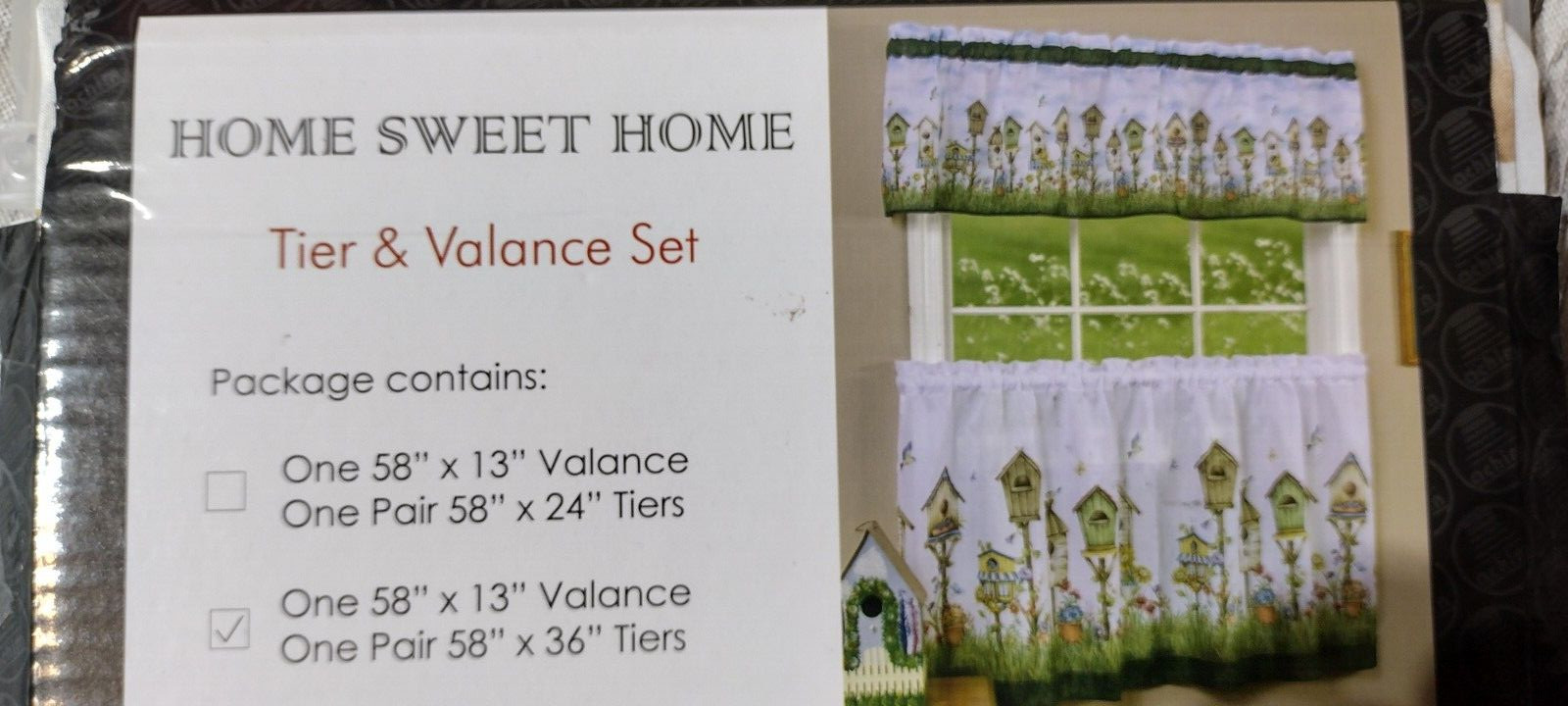 Kitchen Curtain Set Love Birds Birdhouse Tier Pair & Valance, 3-piece, NEW