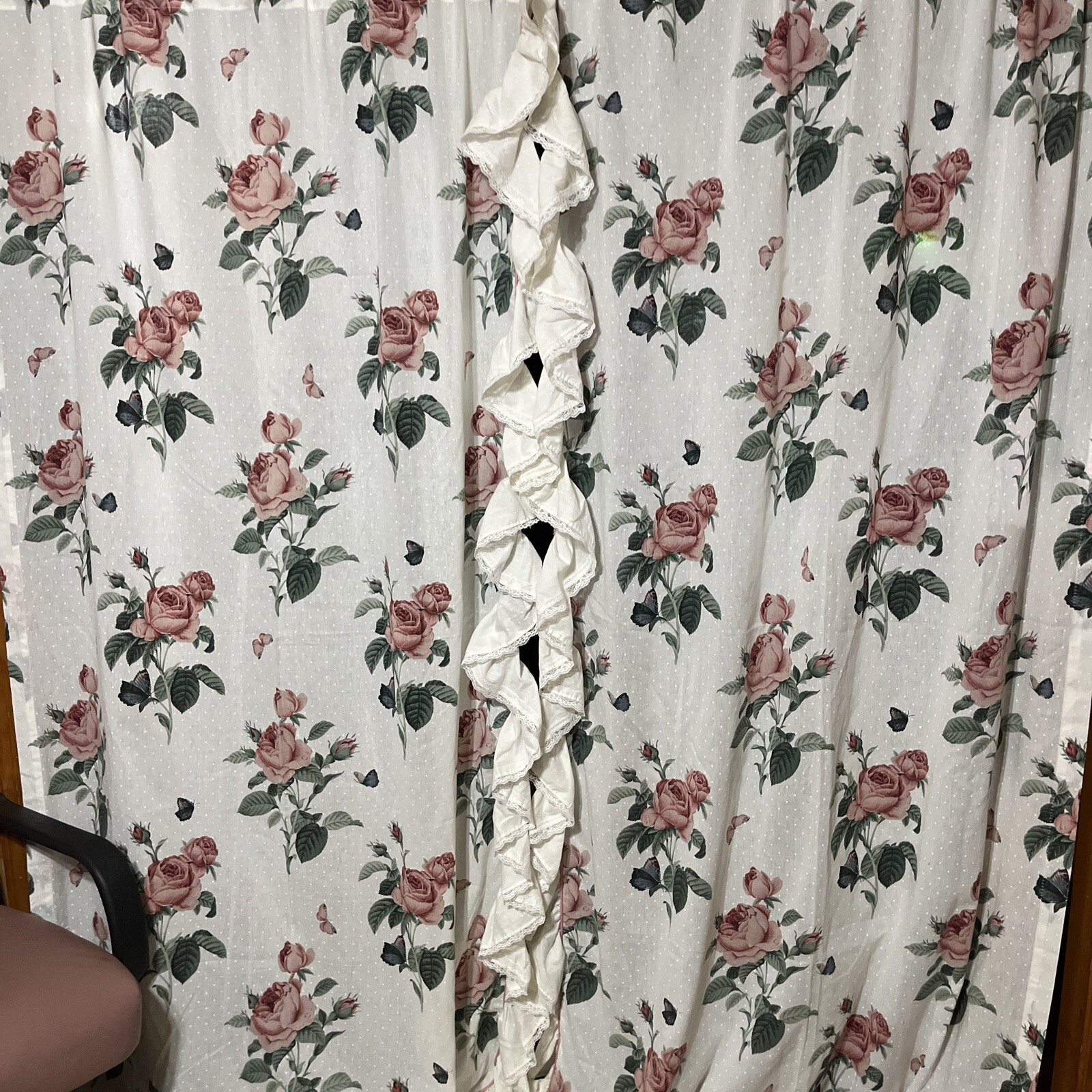 Pair Shabby French Romantic Curtains And Ties Ruffles Lace Roses Butterflies