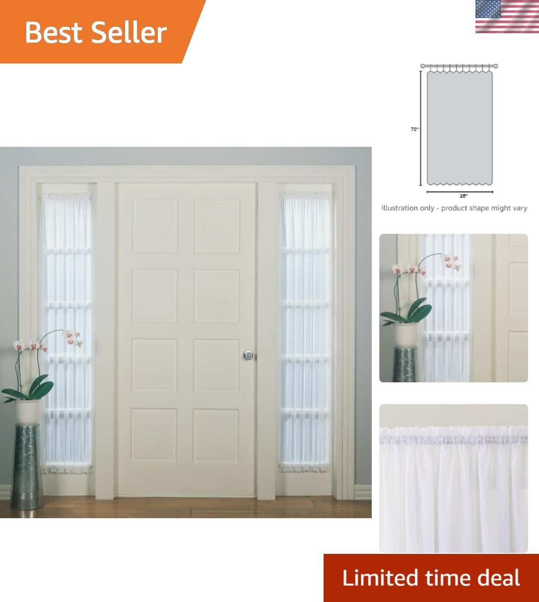 Elegant 28″ x 72″ Sheer Voile Panel for Door Sidelight – White, Machine Washable
